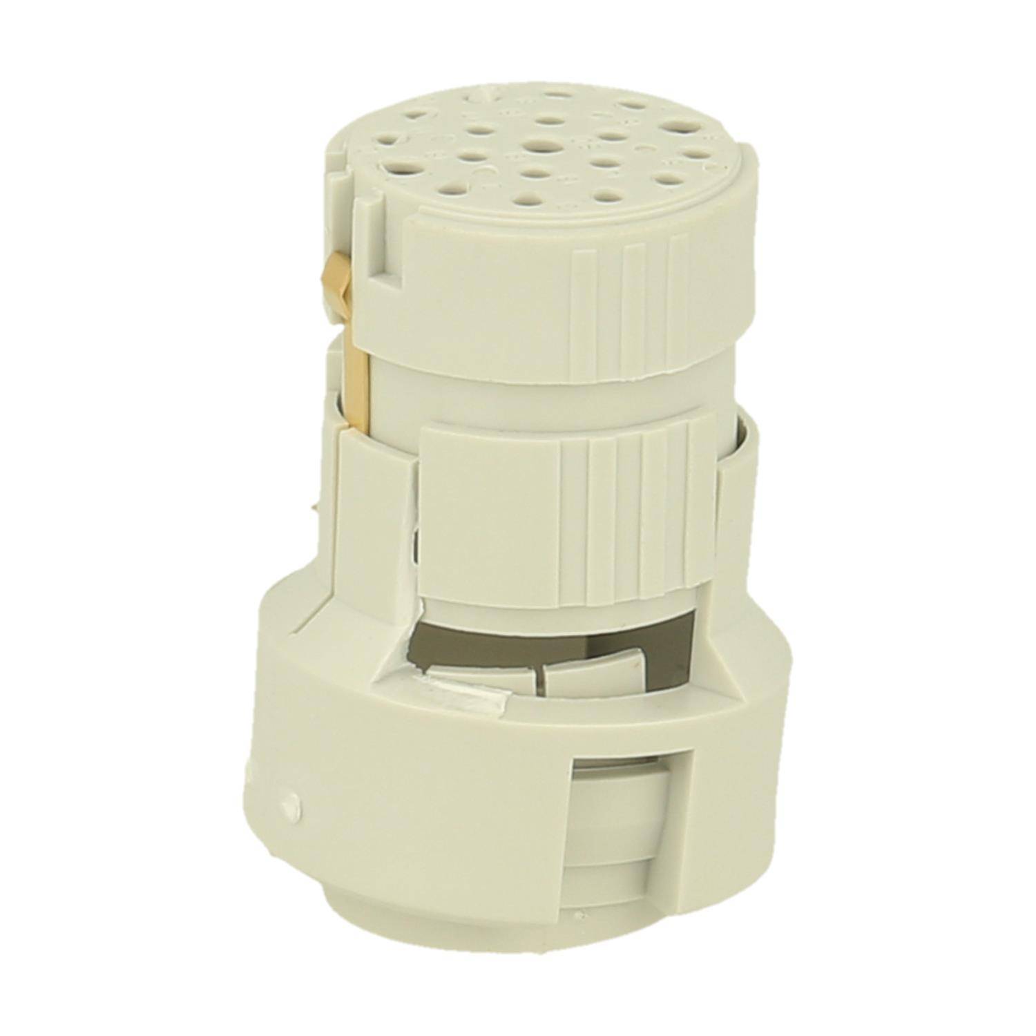 Eine weiße, zylindrische Kunststoffkomponente mit strukturierter Oberfläche und mehreren Schlitzen, möglicherweise Teil eines größeren mechanischen oder elektronischen Systems.