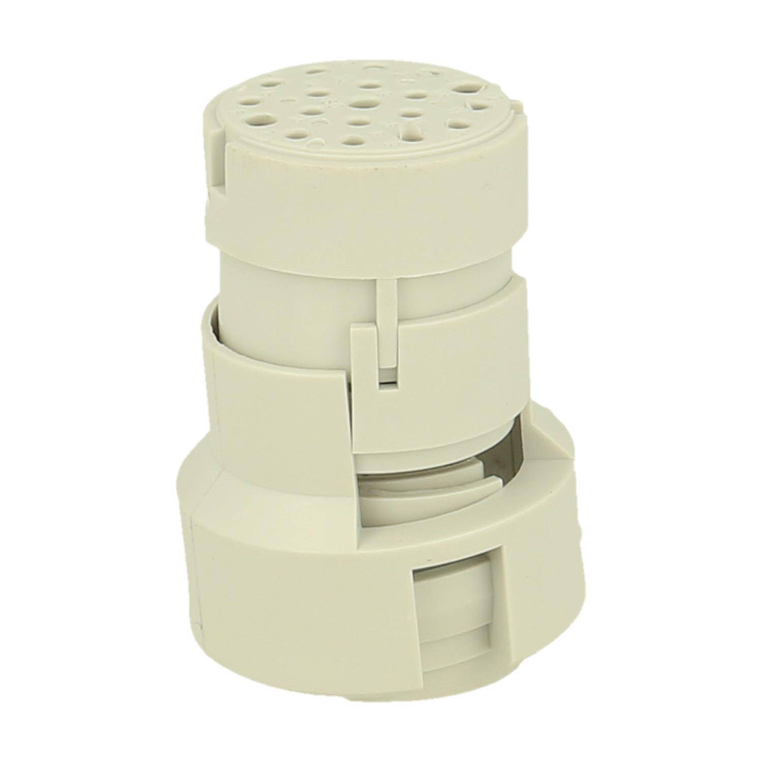 Eine weiße zylindrische Kunststoffkomponente mit mehreren Schichten, die einen gelochten oberen Abschnitt aufweist.