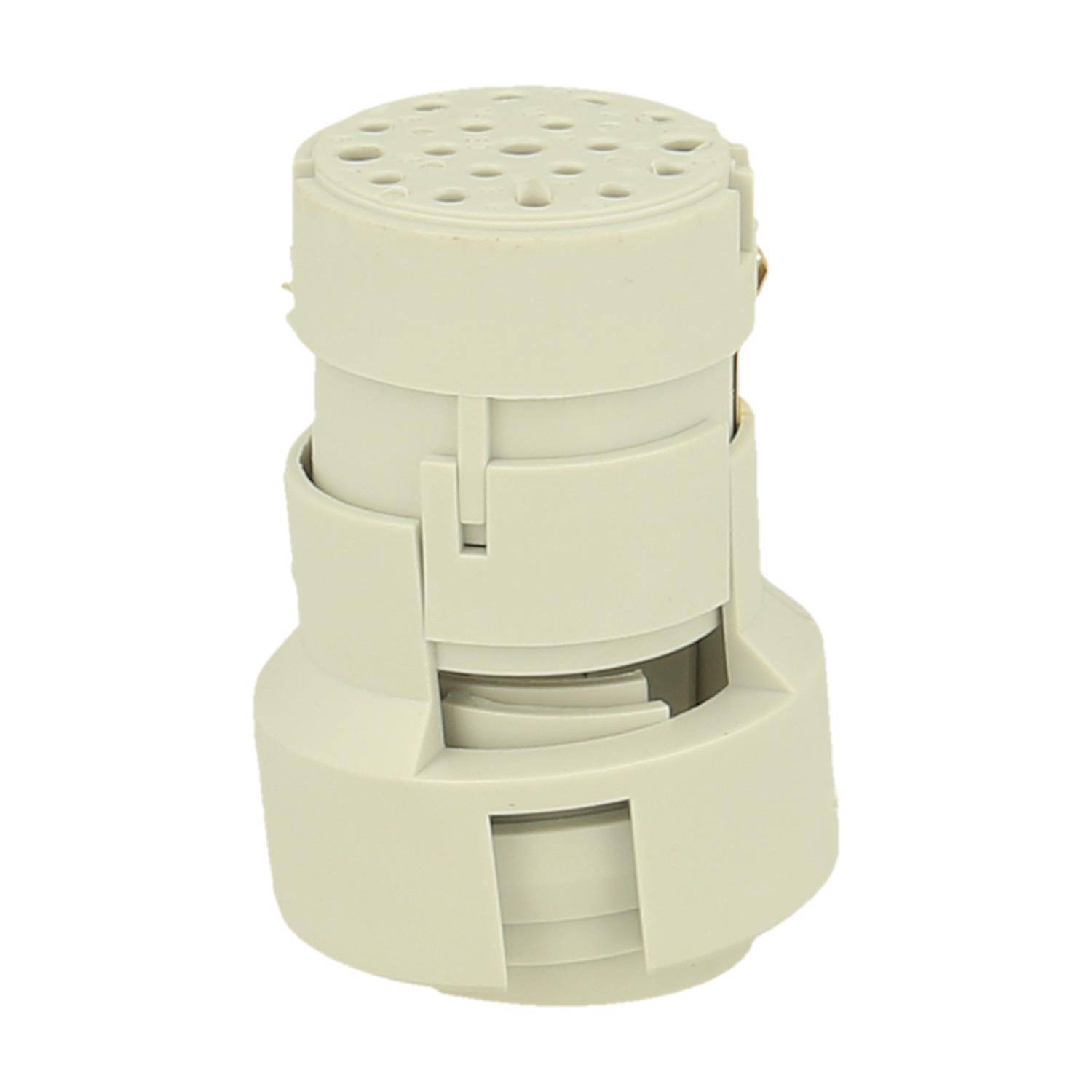 Eine beige, zylindrische elektronische Komponente mit mehreren Schichten und geschlitzten Öffnungen, wahrscheinlich verwendet in elektrischen oder mechanischen Baugruppen.