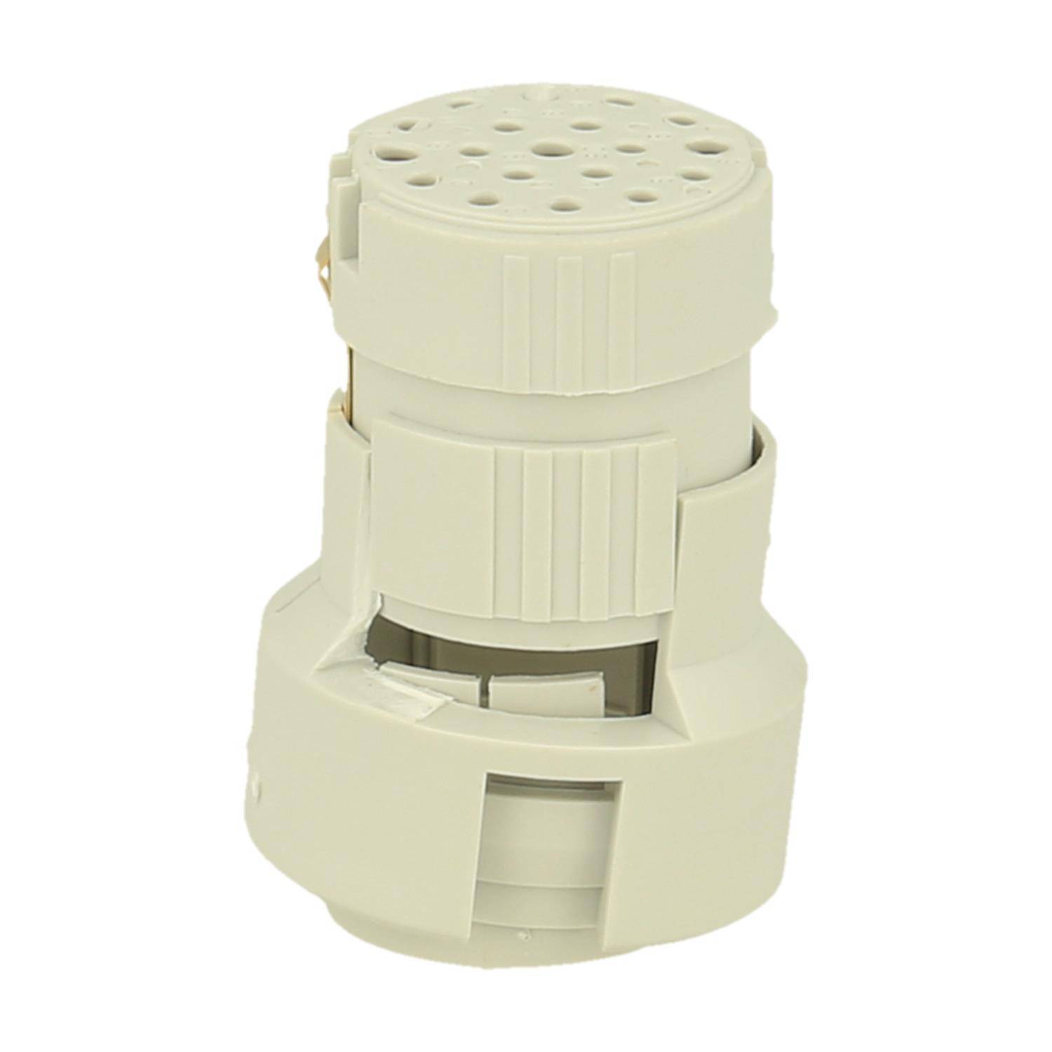 Ein zylindrischer weißer Kunststoff-Verbindungsstecker mit mehreren Löchern an der Oberseite, konzipiert für elektrische oder elektronische Verbindungen.