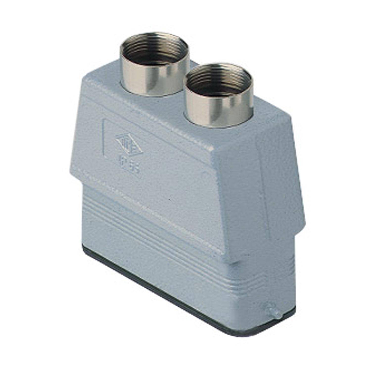 Ein grauer industrieller Verbinder mit zwei runden Metallanschlüssen oben für elektrische Verbindungen, der typischerweise in Anwendungen mit hoher Belastung eingesetzt wird.