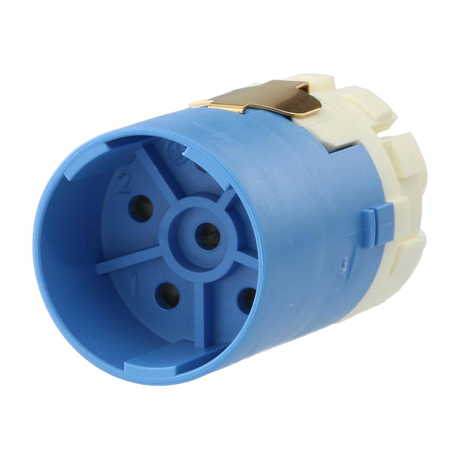 Eine blaue und weiße zylindrische elektrische Verteilerdose mit Befestigungsklammern und Einführungspunkten für Kabel, die bei der Installation von Steckdosen verwendet wird.