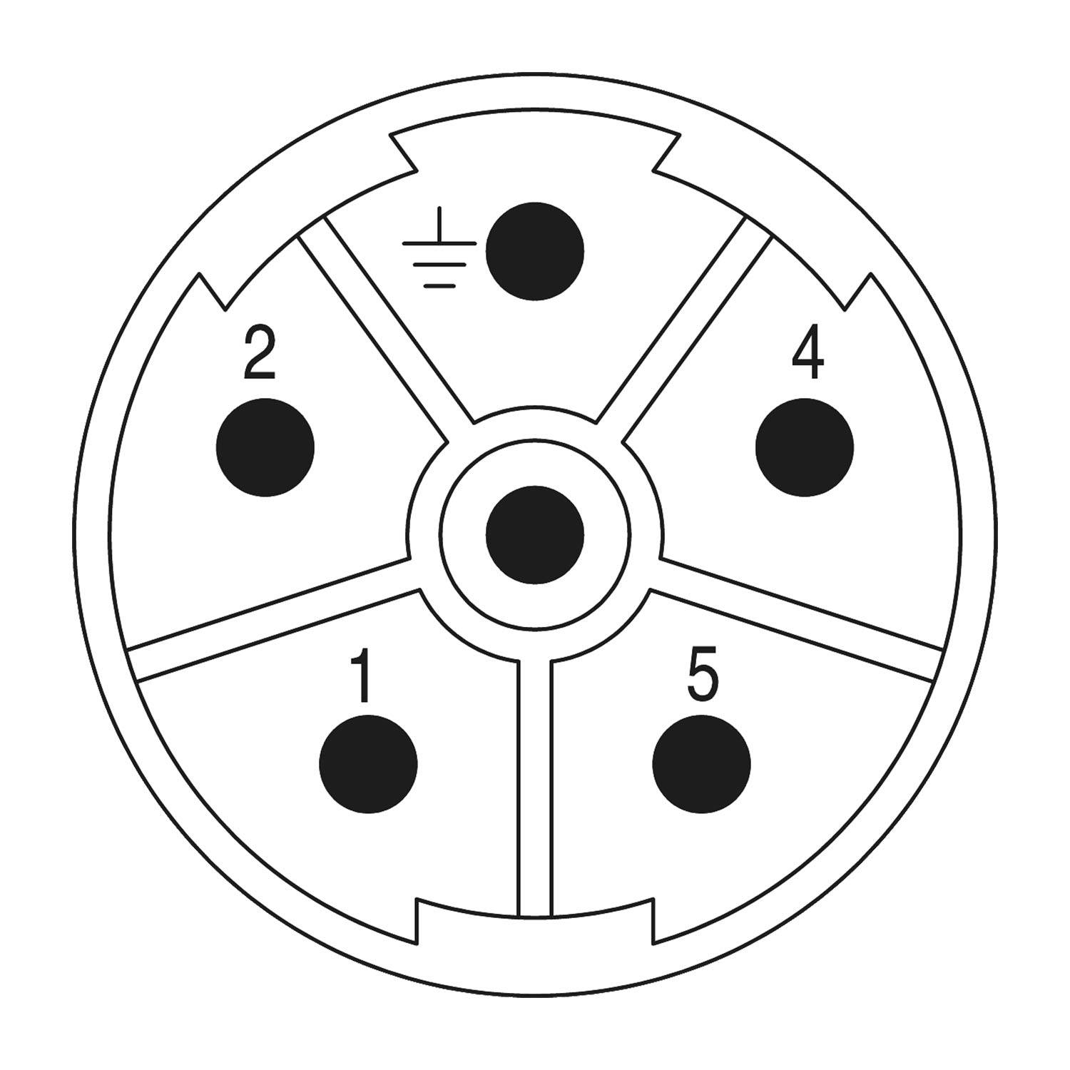 XLR-Anschluss-Pin-Diagramm mit kreisförmiger Anordnung, fünf nummerierten Pins, einem Massesymbol und Positionsmarkierungen.