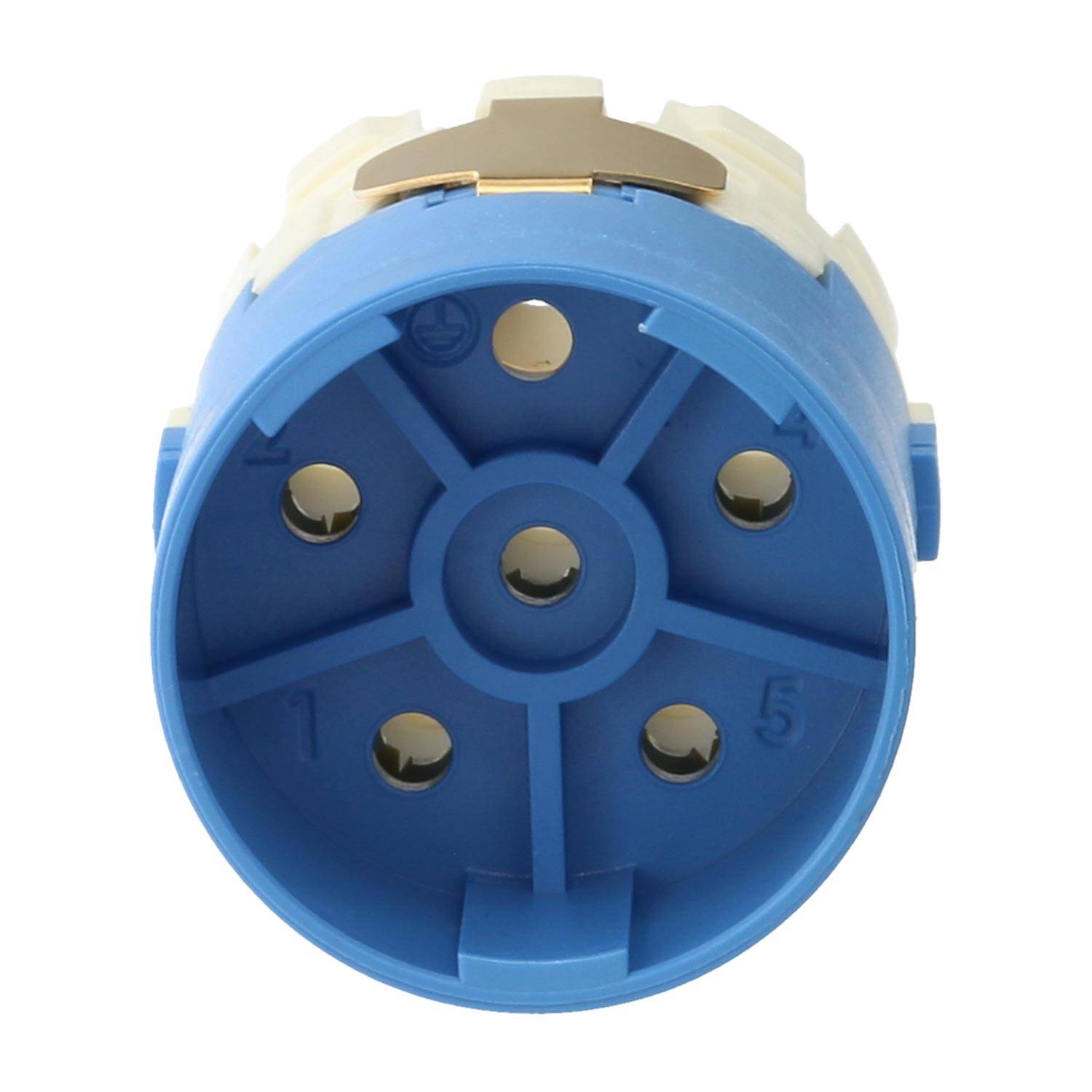 Ein Frontblick auf eine blaue kreisförmige elektrische Verteilerdose mit mehreren Anschlüssen, die zum Sichern und Organisieren von elektrischen Kabeln verwendet wird.
