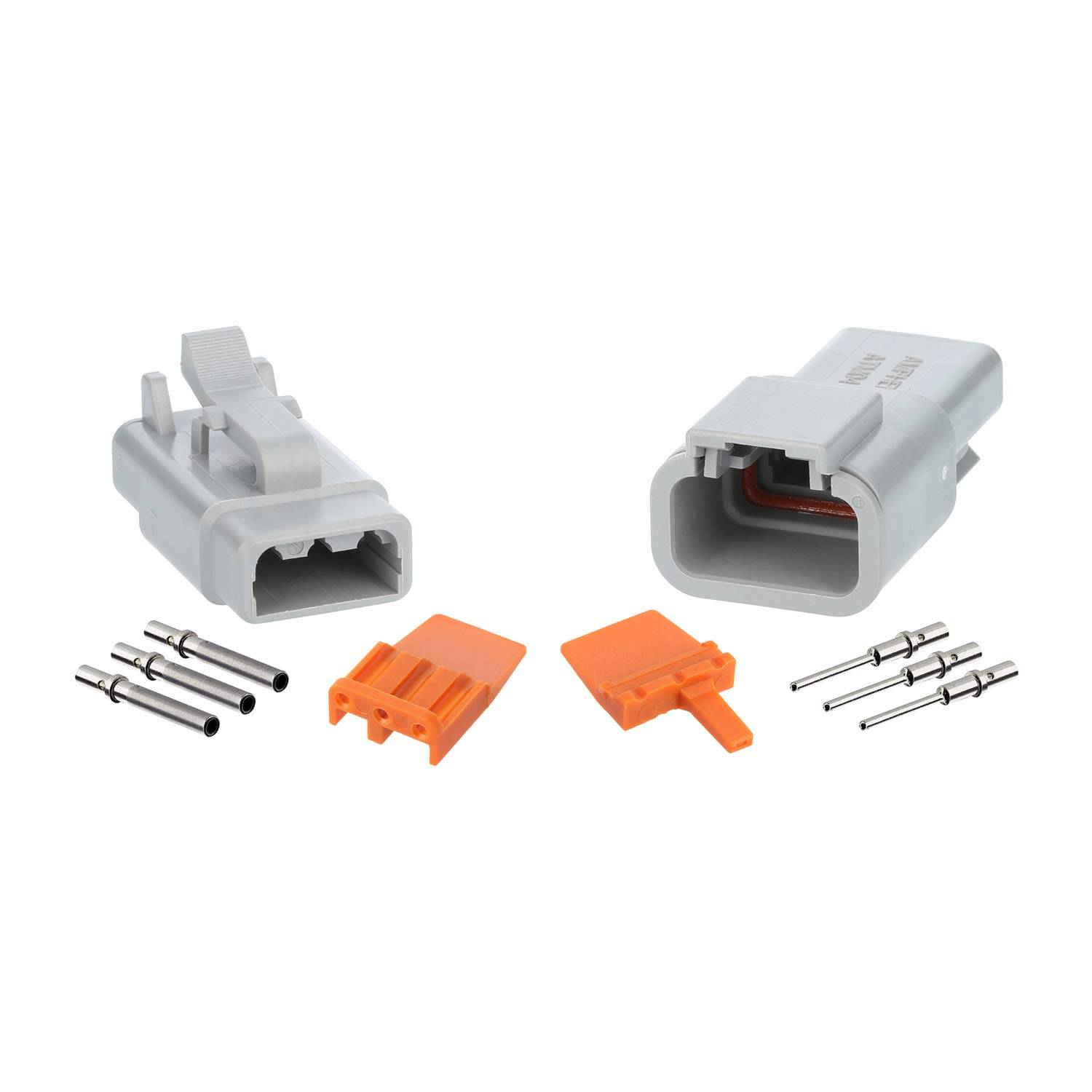 Graue und orangefarbene automotive Kabelverbinder mit passenden Metallstiften, konzipiert für elektrische Verbindungen in Fahrzeugen.