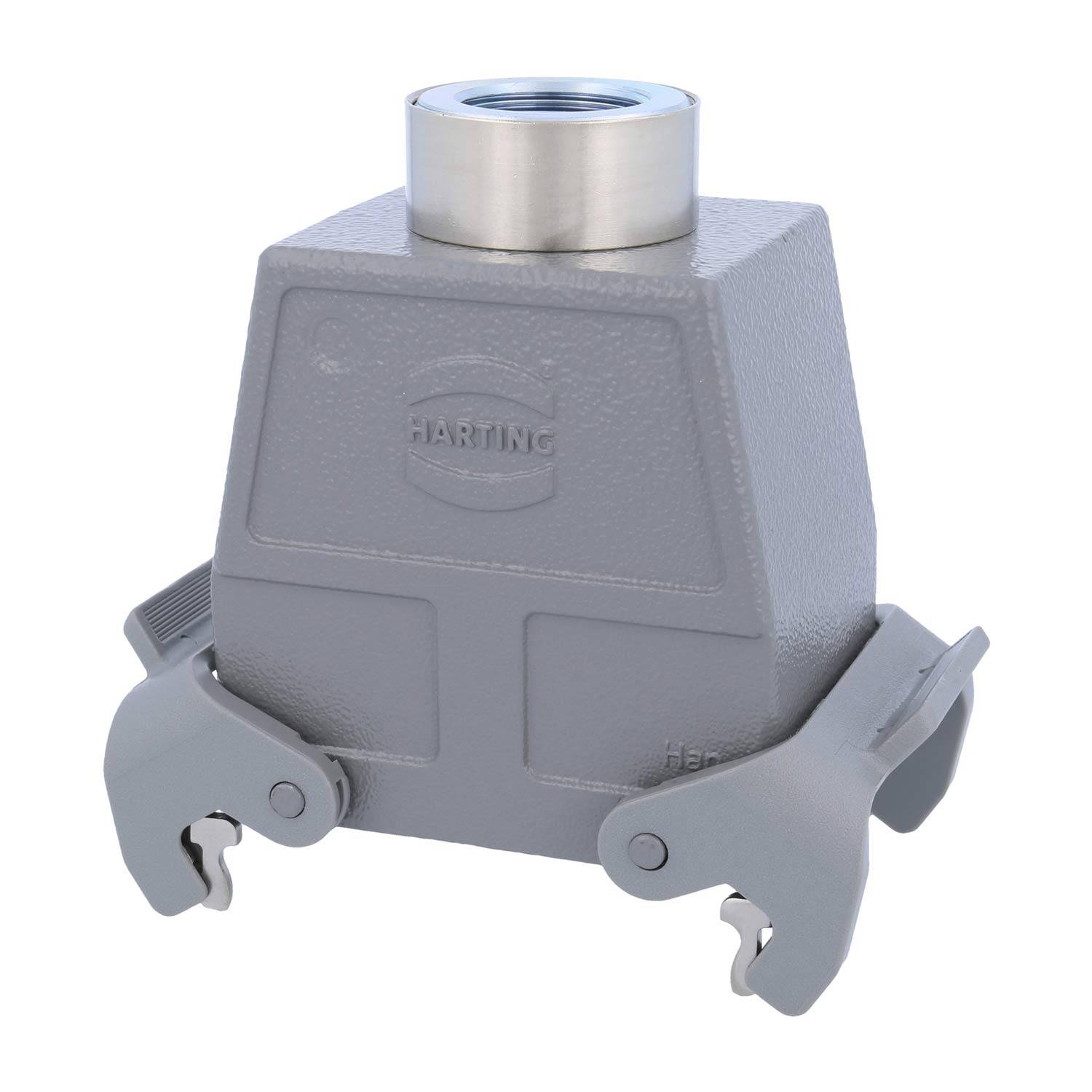 Ein HARTING Industriesteckverbinder-Gehäuse in Grau, ausgestattet mit einem robusten rechteckigen Design und zwei seitlichen Verriegelungen für eine sichere Befestigung.