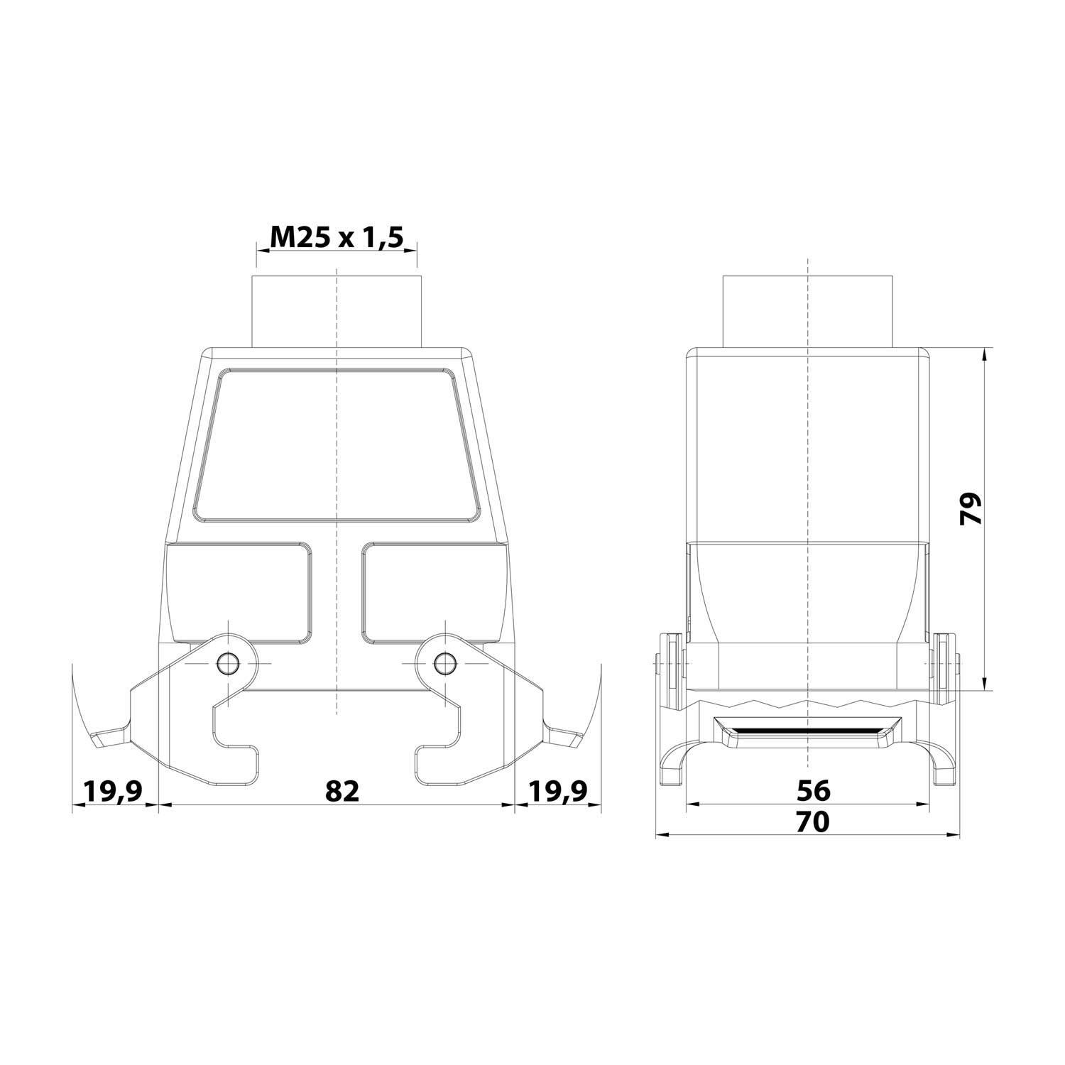 Eine technische Zeichnung eines Geräts mit Vorder- und Seitenansichten, Abmessungen beschriftet: Breite 82 mm, Höhe 79 mm, Tiefe 56-70 mm.