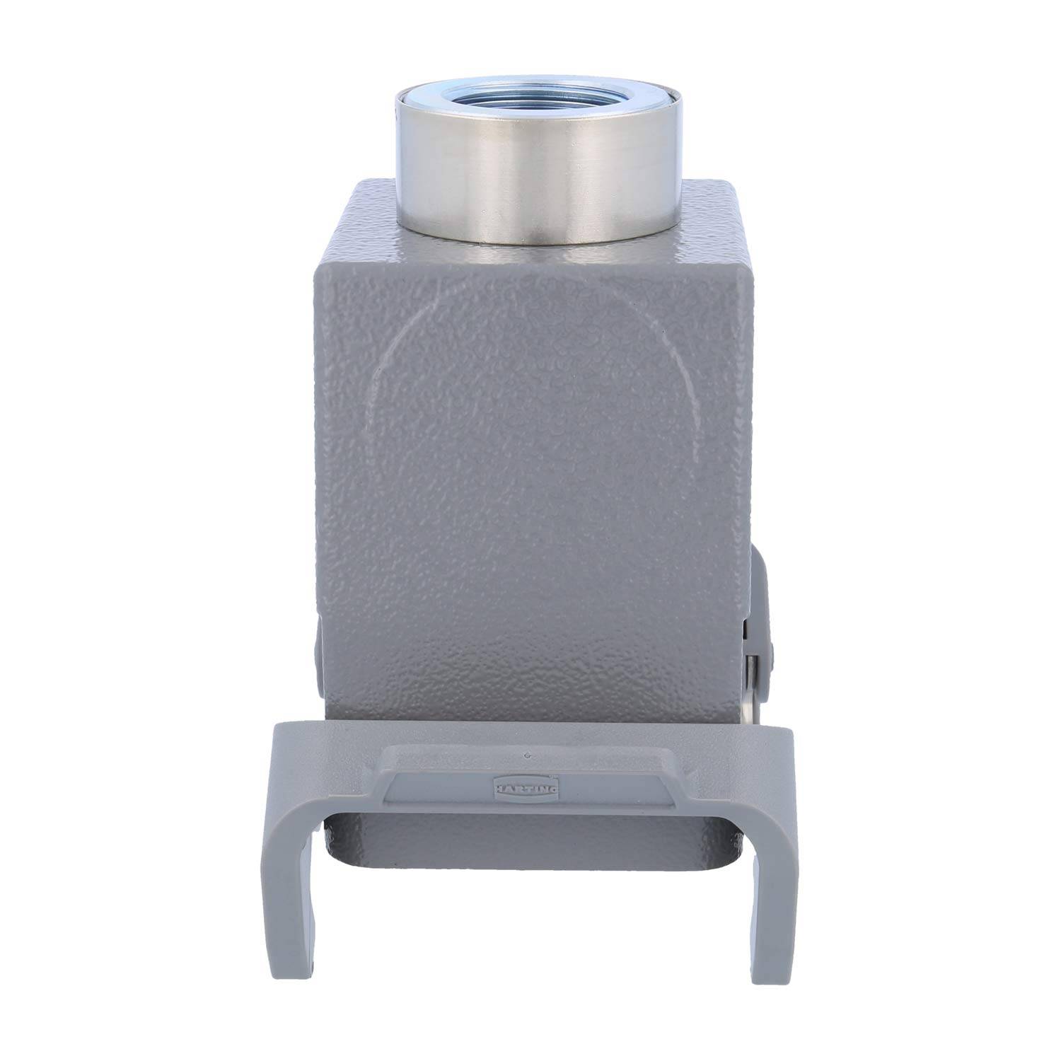 Graue rechteckige elektrische Komponente mit einem metallischen kreisförmigen Oberteil und zwei hervorstehenden Metallbeinen am unteren Ende.