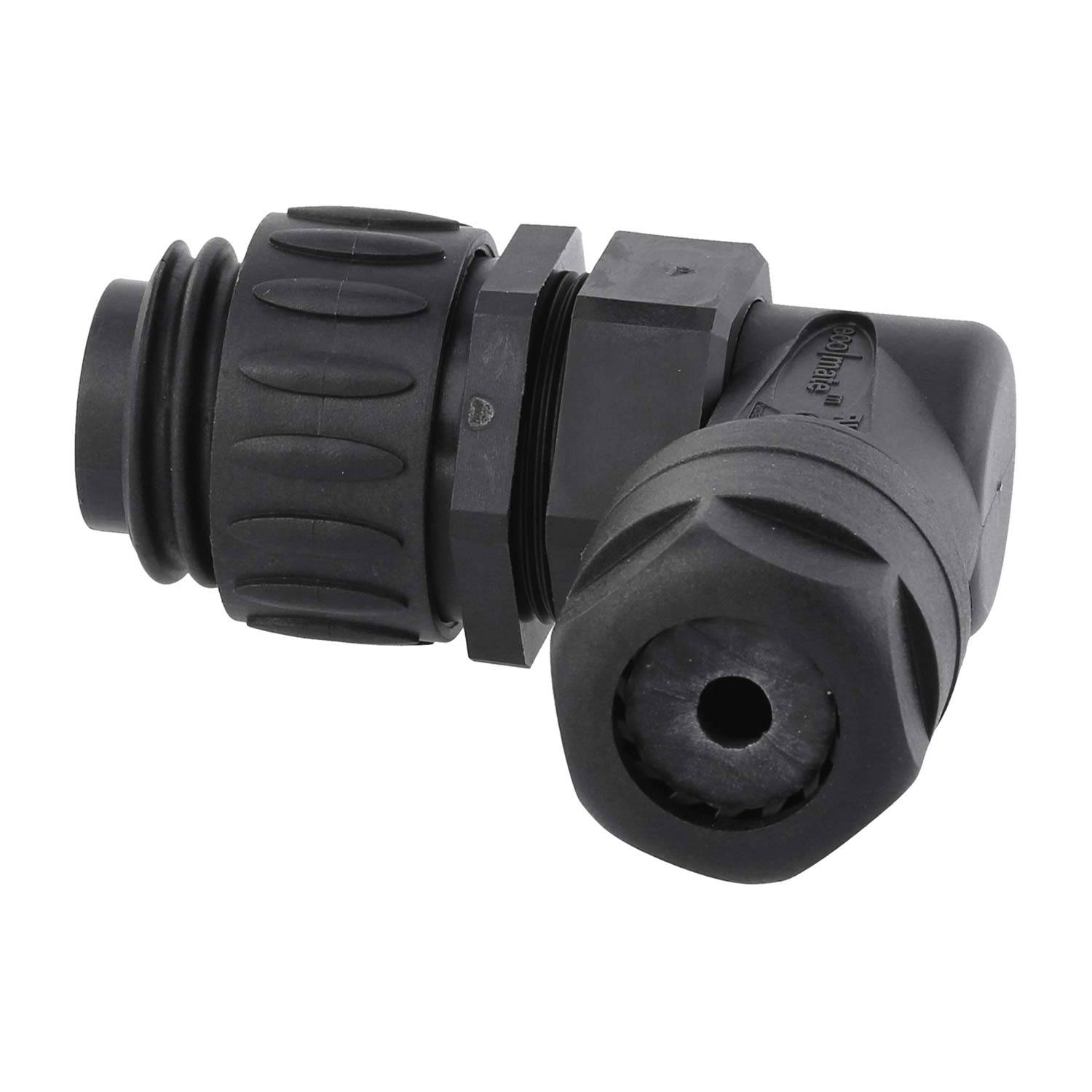 Eine Winkel-Kabelverschraubung mit einem schwarzen strukturierten Gehäuse und Gewindelende, konzipiert für die Befestigung von Kabeln durch einen Platten- oder Gehäusedurchgang.