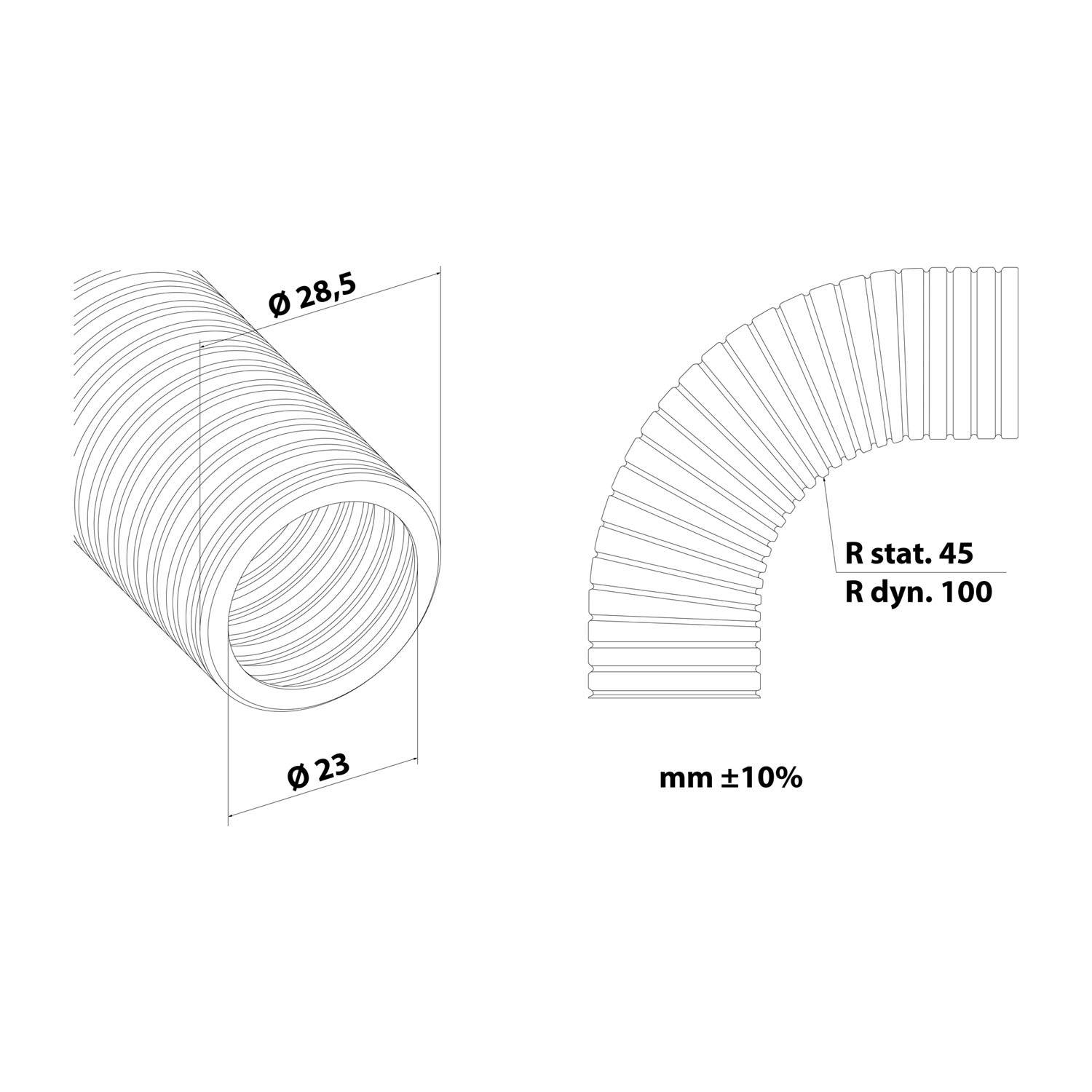 Diagram einer flexiblen Schlauchleitung mit Abmessungen: Ein Ende Durchmesser 'ø 28,5', anderes Ende 'ø 23'. BiegeRadien gekennzeichnet als 'R stat. 45' und 'R dyn. 100'.
