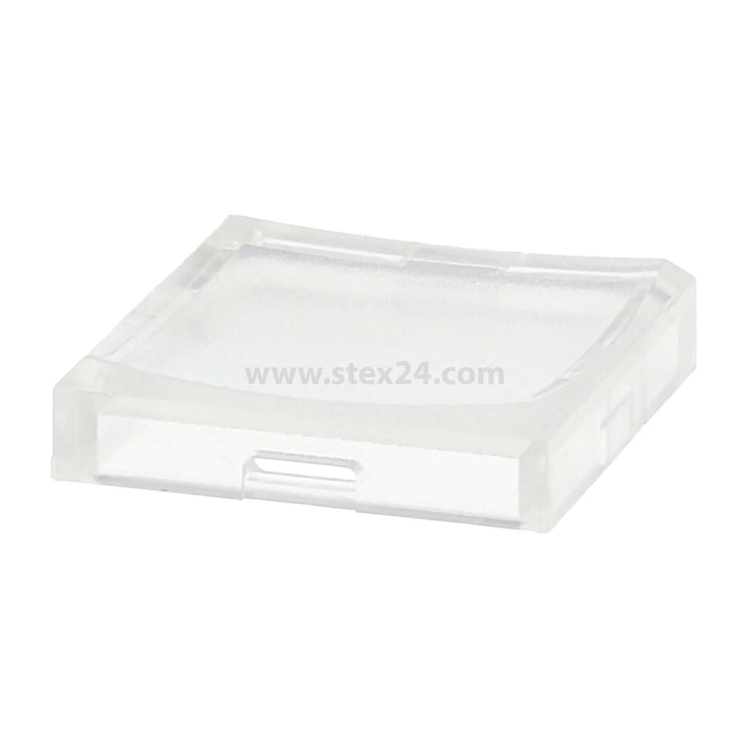 Ein transparenter quadratischer Plastikbehälter mit einem leicht gewölbten Deckel, der vor einem schlichten weißen Hintergrund leer erscheint.