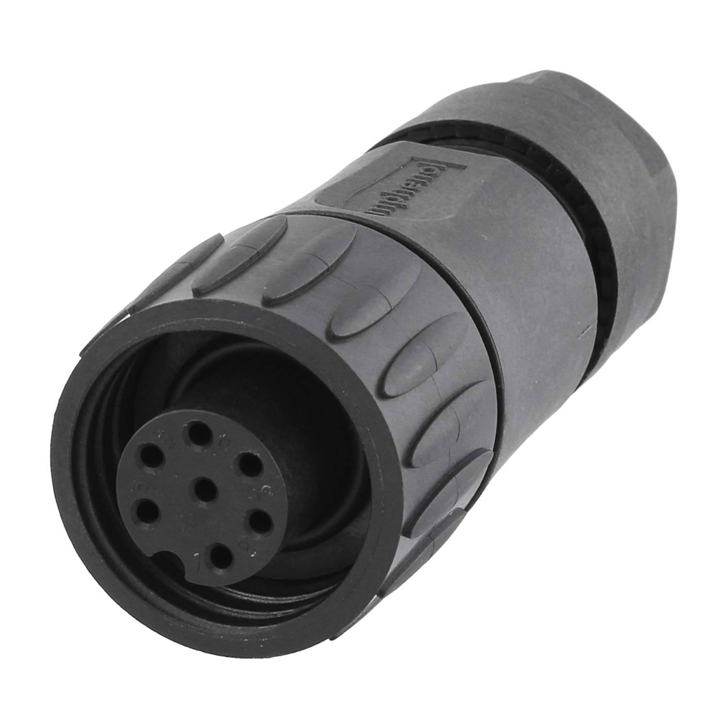 Ein schwarzer industrieller Verbinder mit mehreren kreisförmigen Kontaktstiften, der für elektrische Verbindungen in industriellen Umgebungen verwendet wird.
