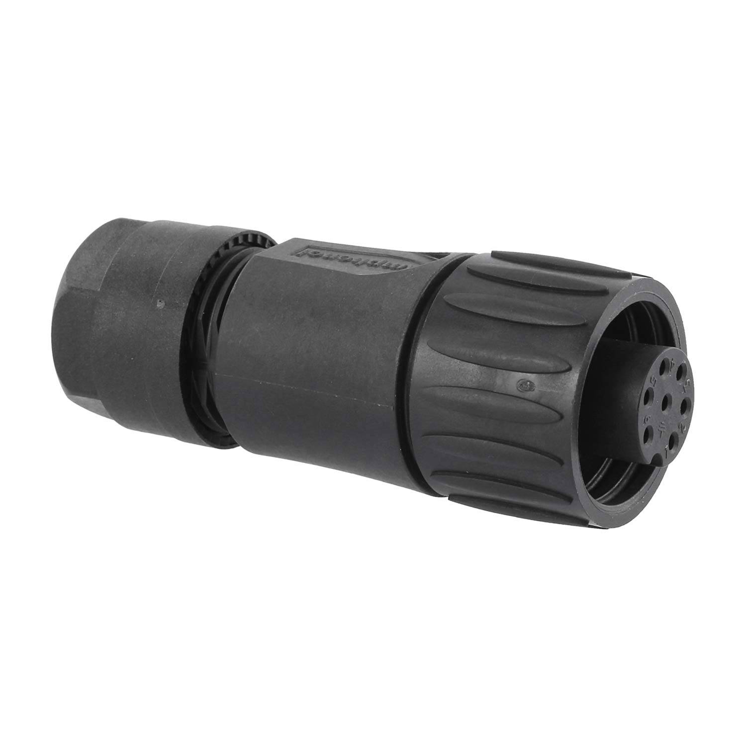 Ein schwarzer elektrischer Anschluss mit fünf Pins und einem gerillten Griff, der für sichere und dauerhafte elektrische Verbindungen in industriellen Umgebungen verwendet wird.
