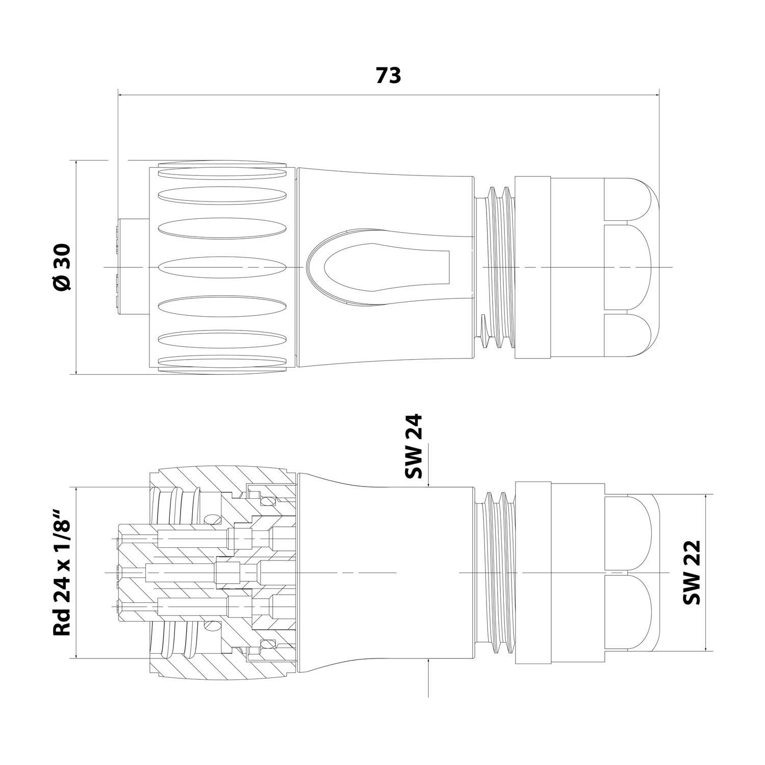 Technische Zeichnung einer mechanischen Komponente mit Abmessungen: Länge 73, Durchmesser 30. Zeigt interne Struktur und beschriftete Details RD 24x1/8', SW 24, SW 22.