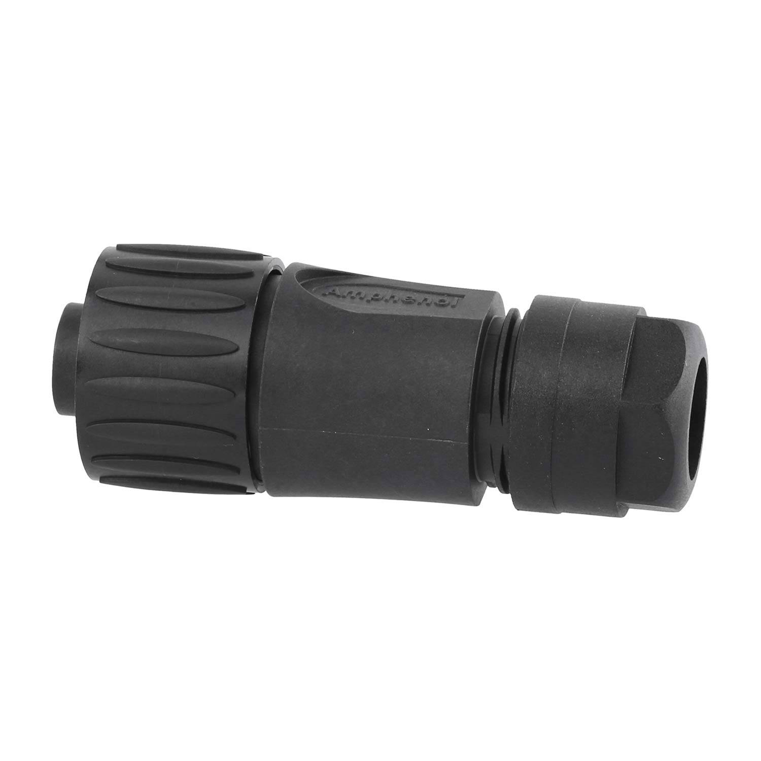 Ein schwarzer Kunststoff-Schlauchverbinder mit einem gerippten Griffbereich und einem Schraubanbauende.