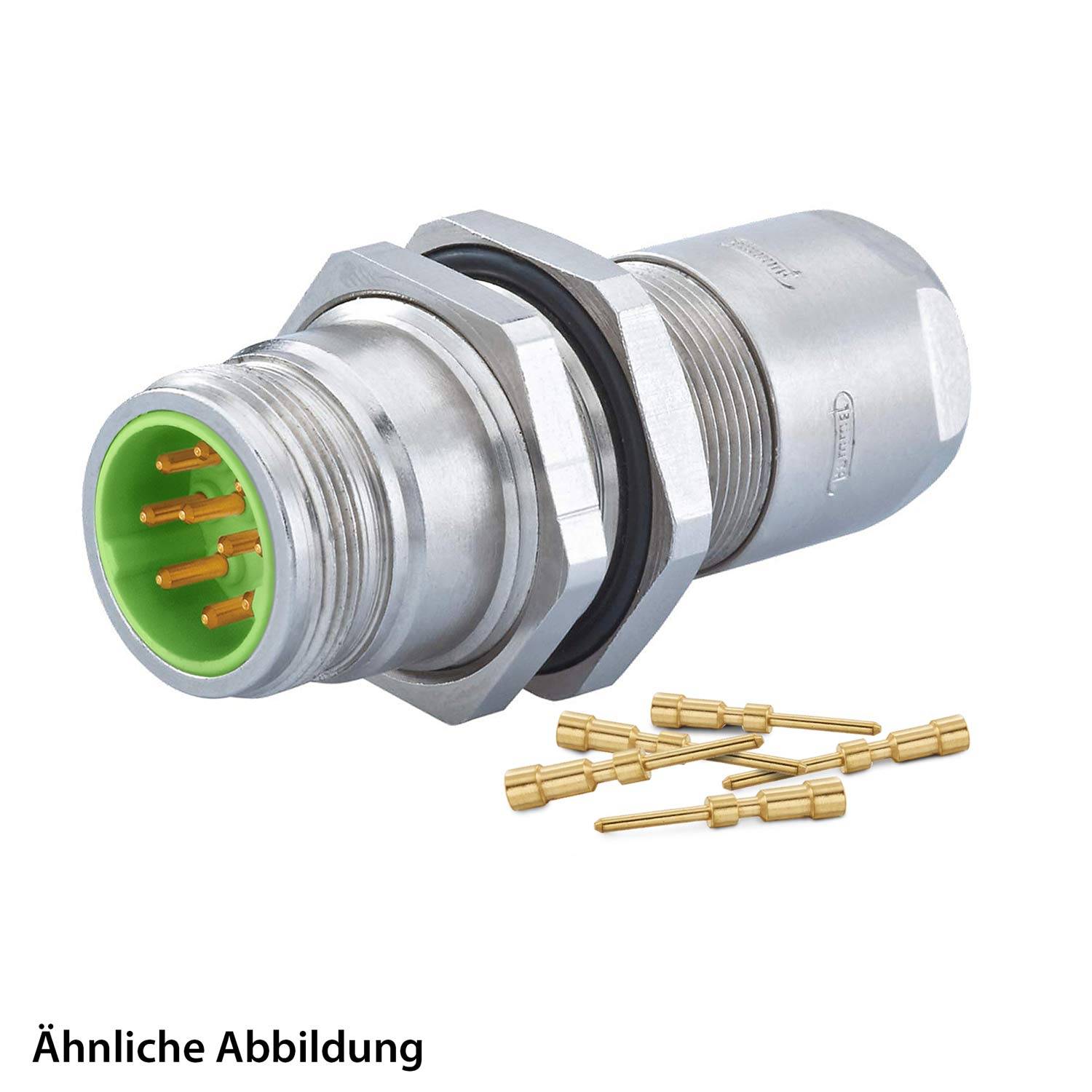 Ein Metallsteckverbinder mit einem grünen Einsatz und mehreren Goldstiften, der mit zusätzlichen Stiften daneben dargestellt wird.