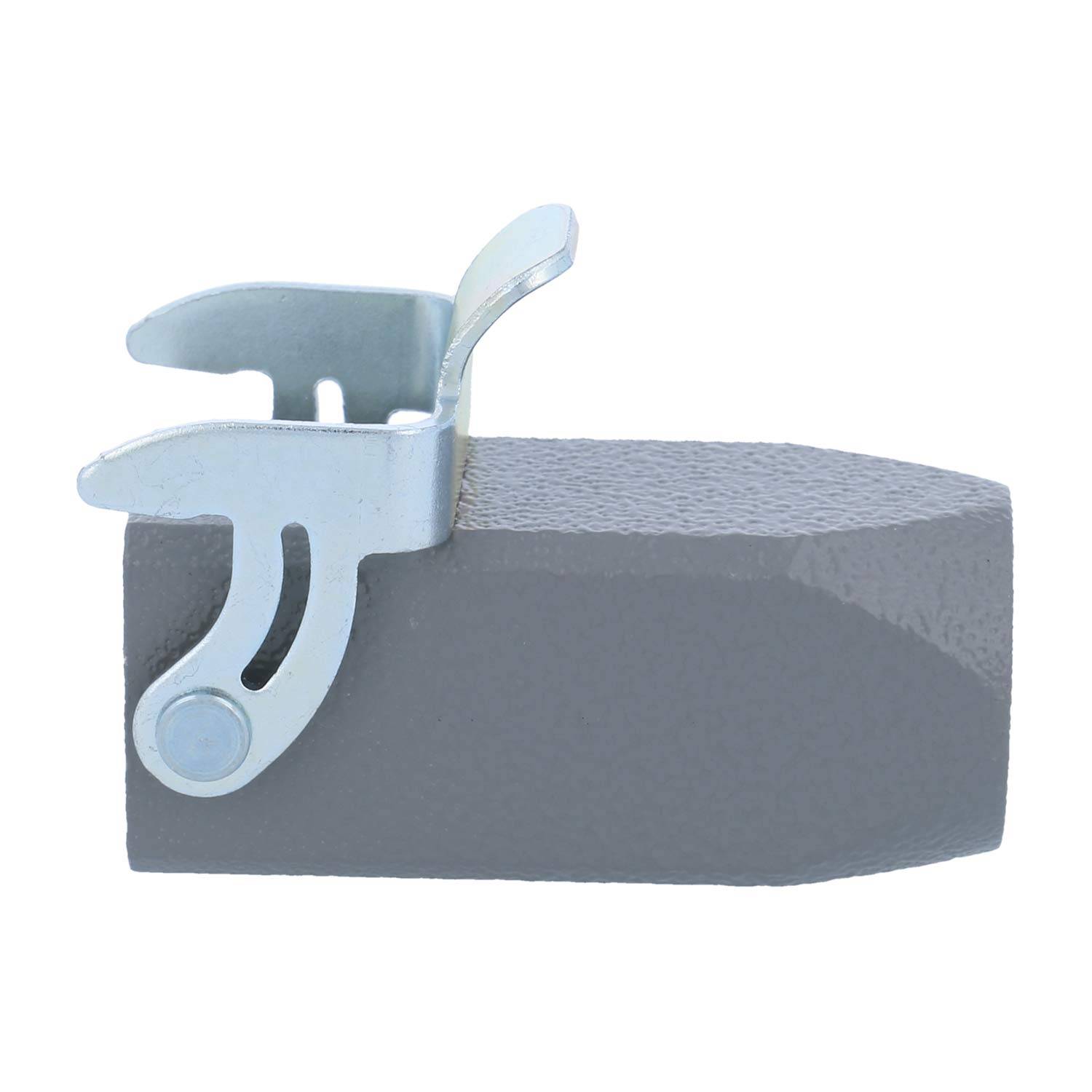 Ein robuster Metallriegel mit montierter Klammer, verwendet zur Sicherung von Maschinen oder Ausrüstung. Der Riegel hat eine strukturierte, graue Oberfläche.