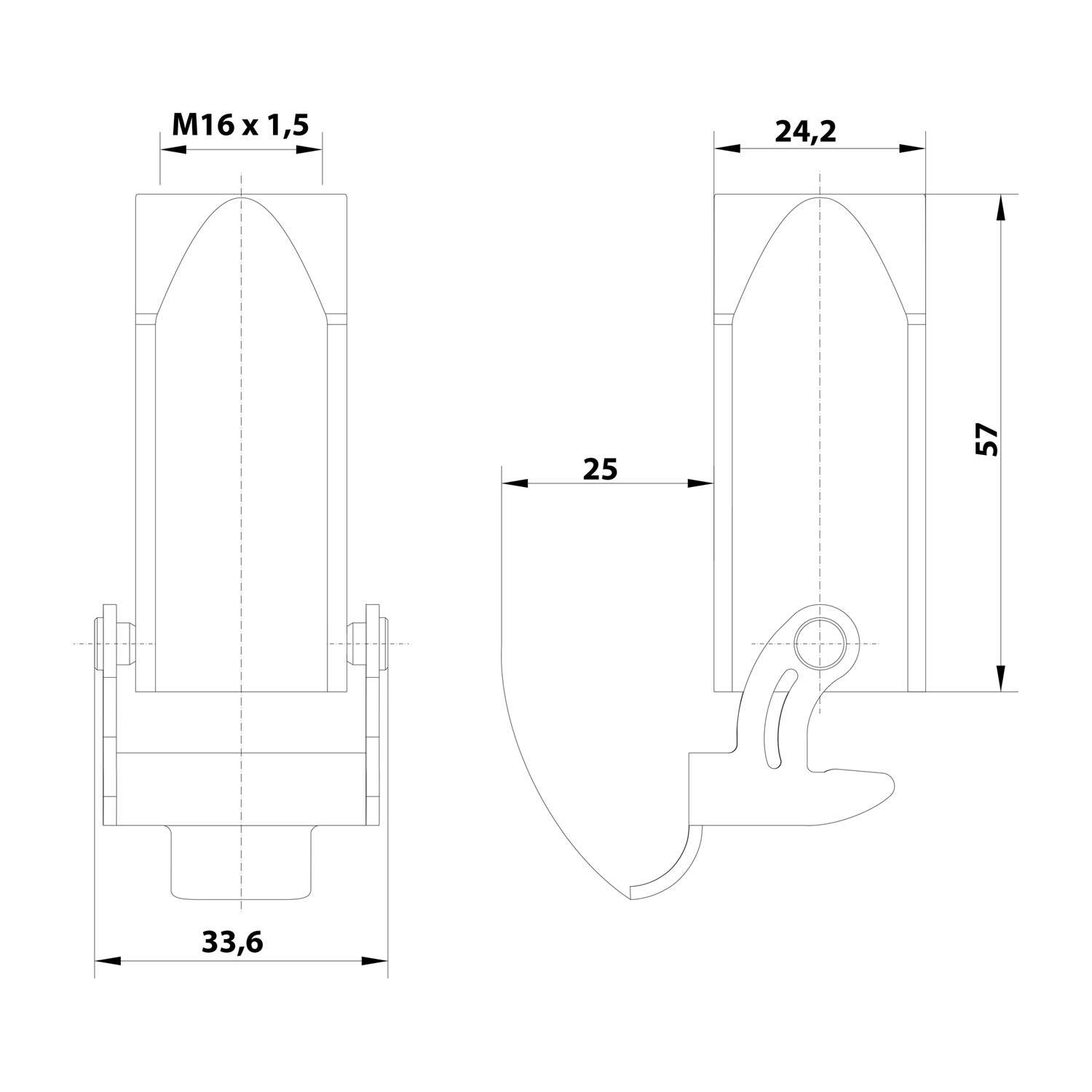 Technische Zeichnung eines Bolzenschlosses. Abmessungen: Höhe 57 mm, Frontlänge 24,2 mm, Rücklänge 25 mm, Gewinde M16x1,5, Basisbreite 33,6 mm.