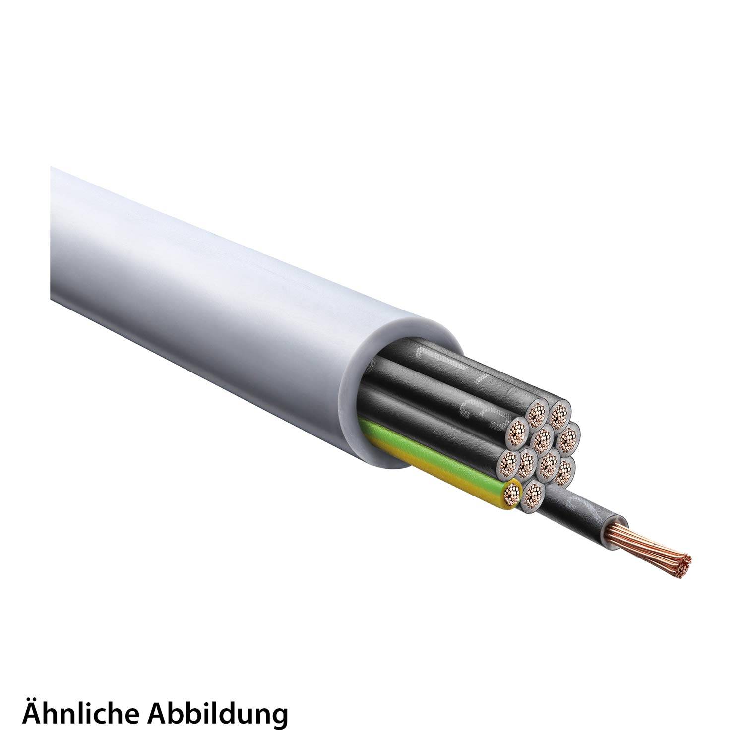 Ein Querschnitt eines Mehrkern-Elektrokabels, der mehrere isolierte Drähte und freiliegende Kupferstränge am Ende zeigt.