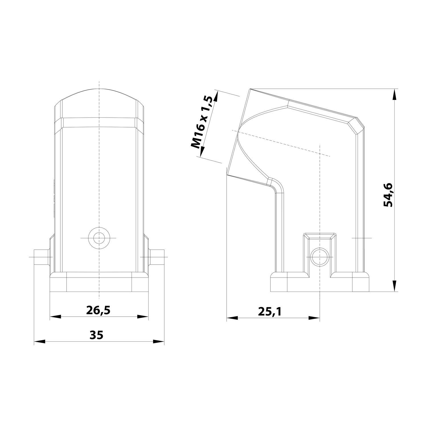 Technische Zeichnung eines mechanischen Bauteils mit Abmessungen: 26,5, 35, 25,1 und 54,6. Gewinde beschriftet mit „M16 x 1,5
