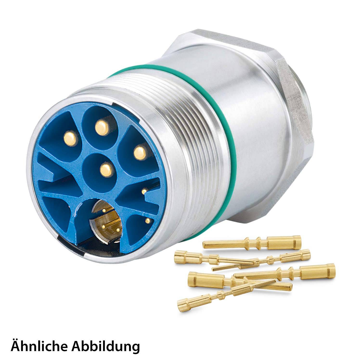 Ein zylindrischer Metall-Elektroanschluss mit blauer Frontseite und sechs goldenen Pins, neben mehreren einzelnen goldenen Pins auf weißem Hintergrund.