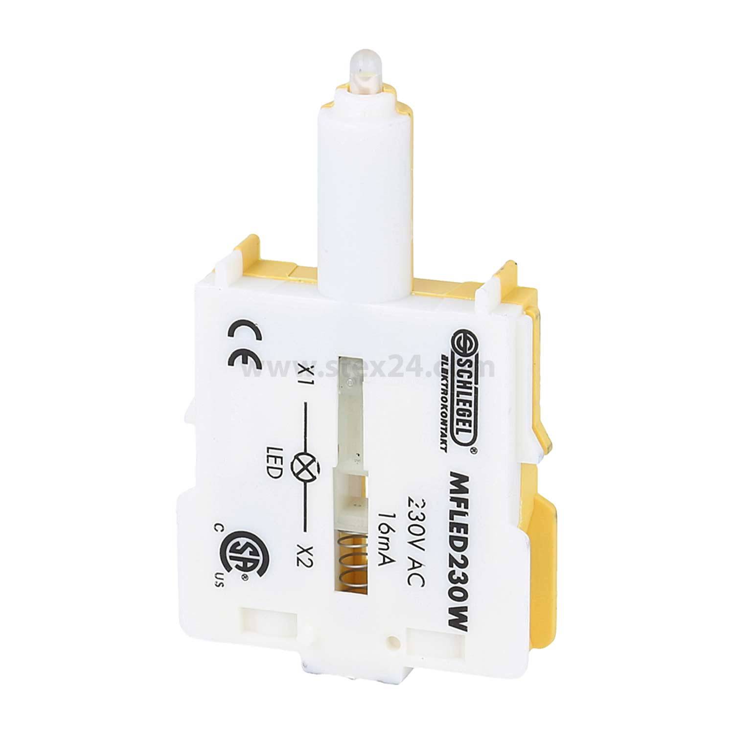 Eine kleine elektronische Komponente mit der Beschriftung 'Schiele MFELED230W' mit Anschlüssen, die Spezifikationen '230V AC, 1,6mA' und Zertifizierungssymbole zeigt.