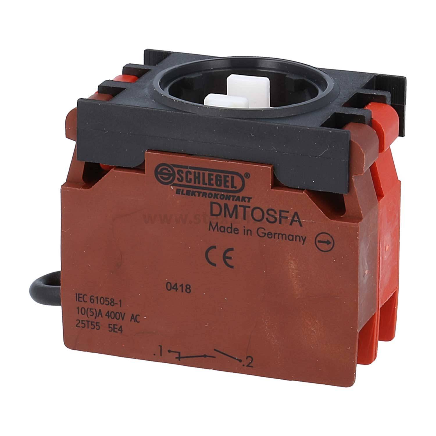 Schlegel Elektrokontakt DMT0SFA Schaltkomponente, 10(5)A 400V AC, hergestellt in Deutschland, mit Anschlüssen und Montagebasis dargestellt.