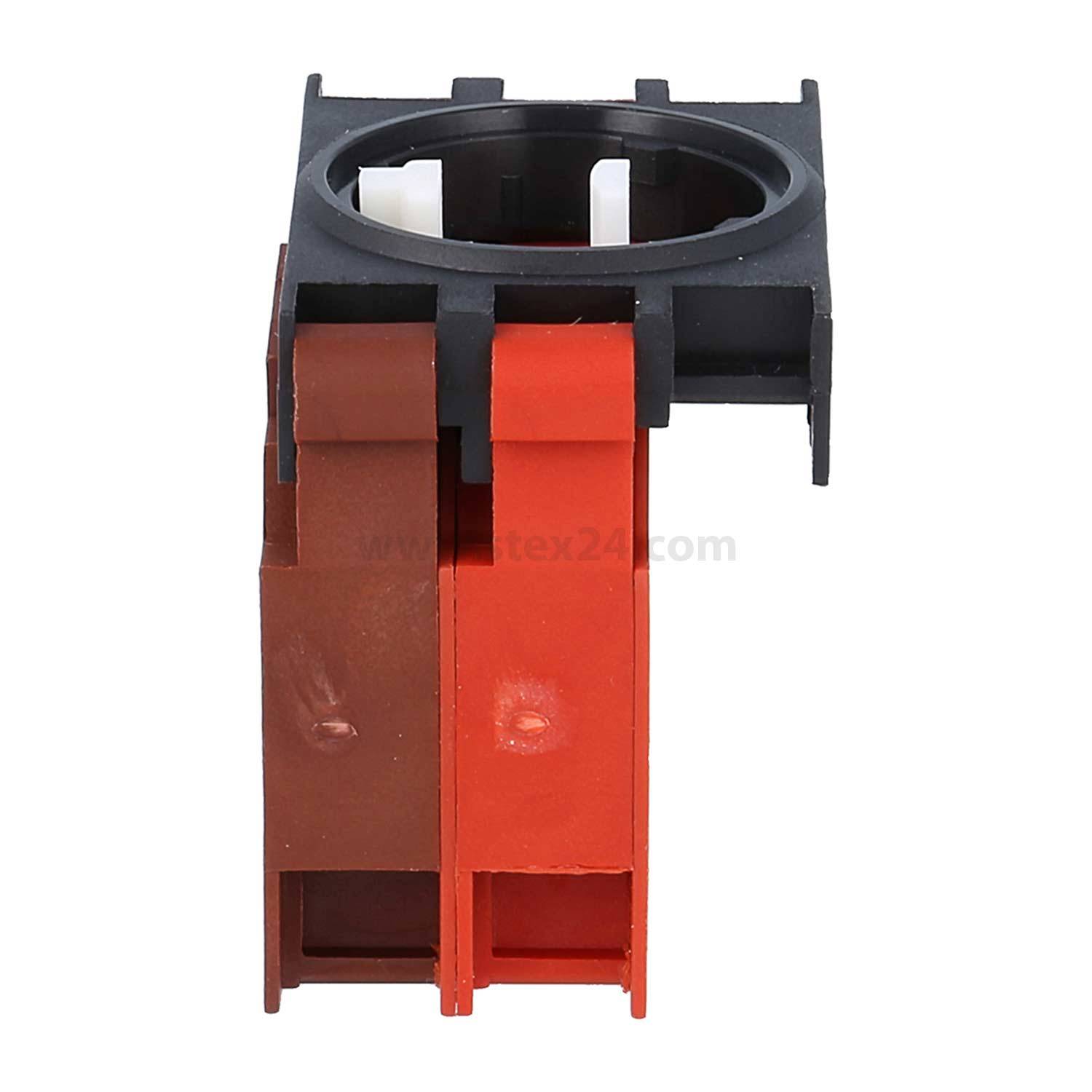 Eine schwarze und rote Kunststoffhalterung mit einer kreisförmigen Öffnung an der Oberseite, die entwickelt wurde, um ein zylindrisches Objekt zu befestigen.