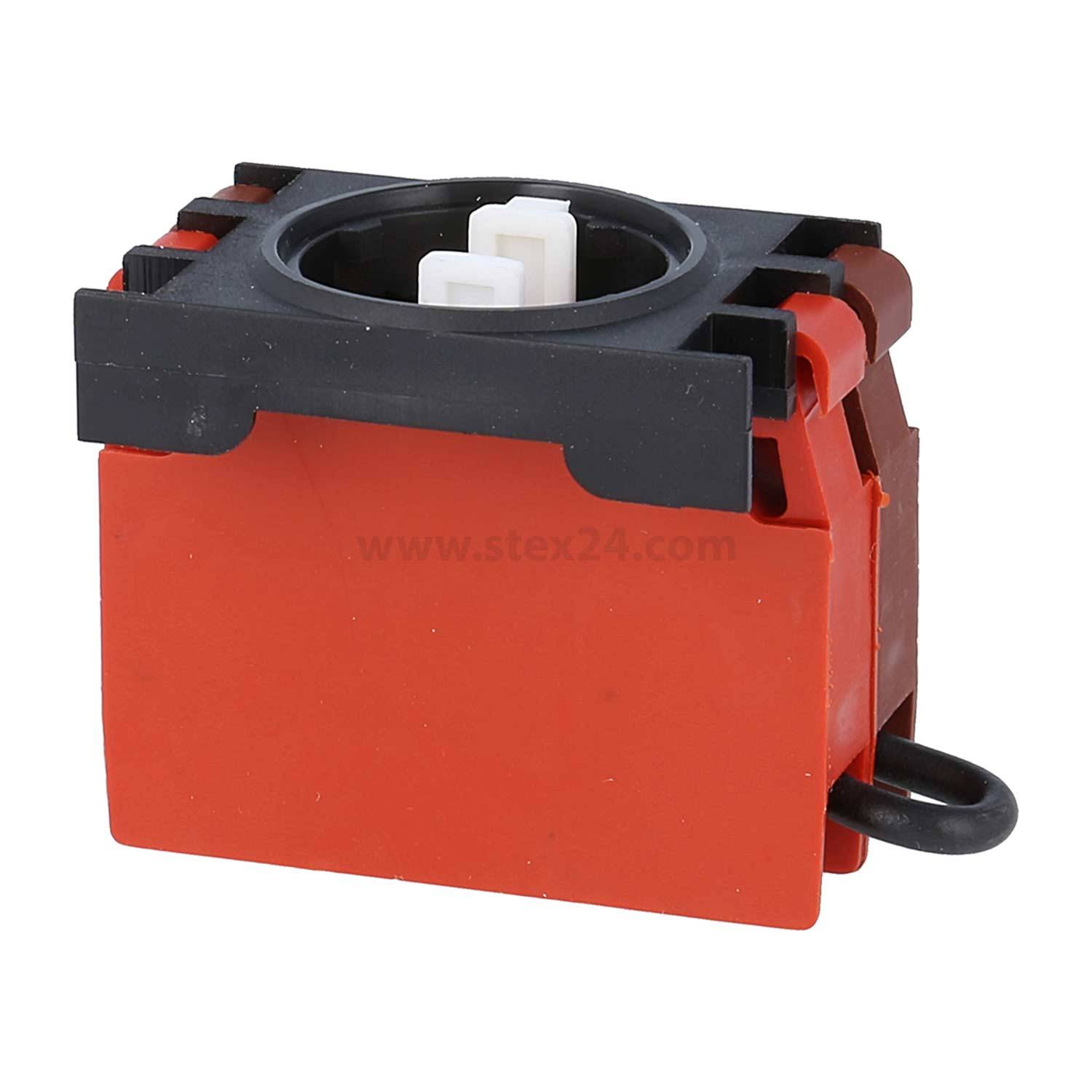 Rote und schwarze elektrische Komponente mit einer kreisförmigen Buchse und weißen Anschlüssen, von der Seite betrachtet.