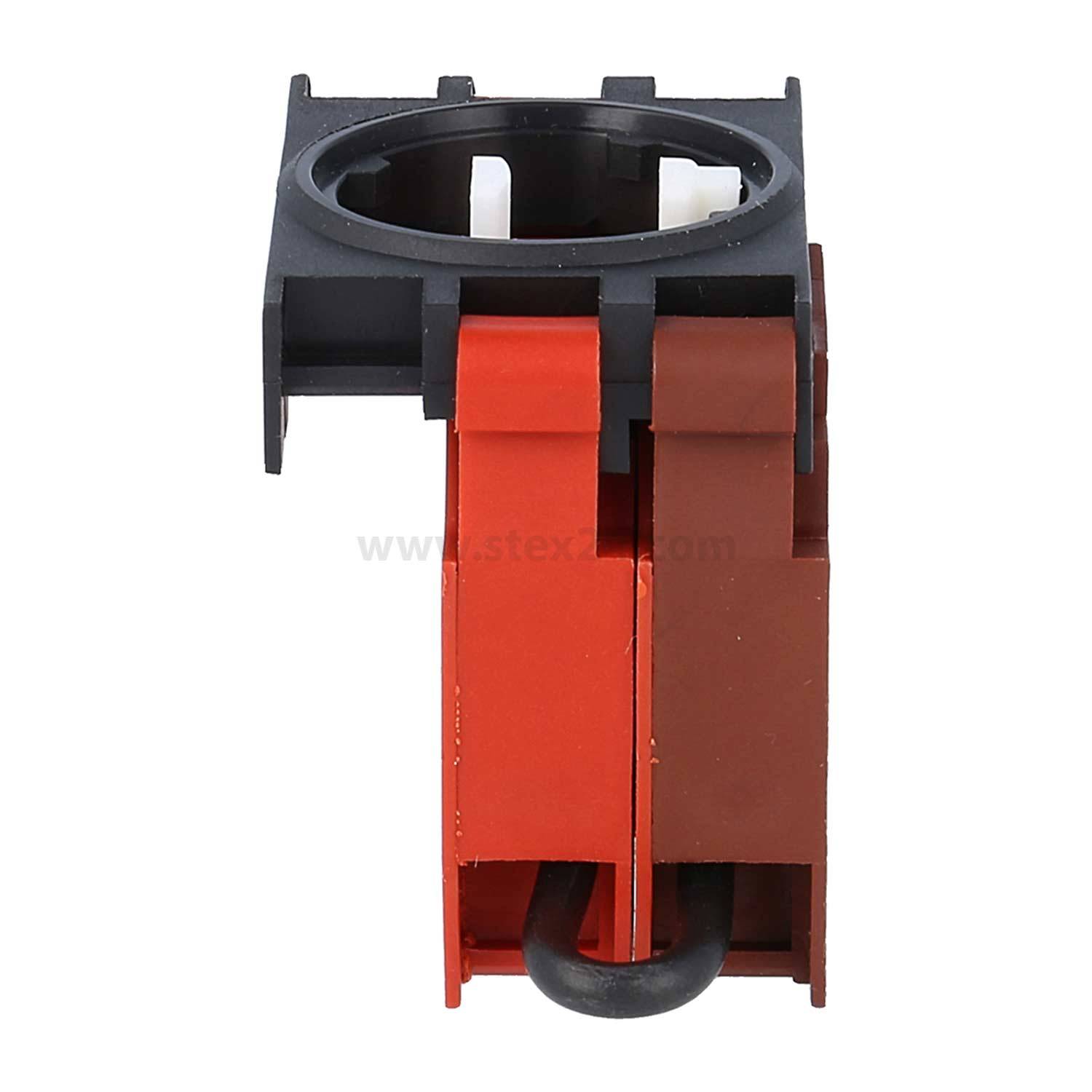 Eine Nahaufnahme eines schwarzen und roten elektrischen Bauteils mit einer kreisförmigen Öffnung an der Oberseite und einem Kabel, das von unten herausragt.