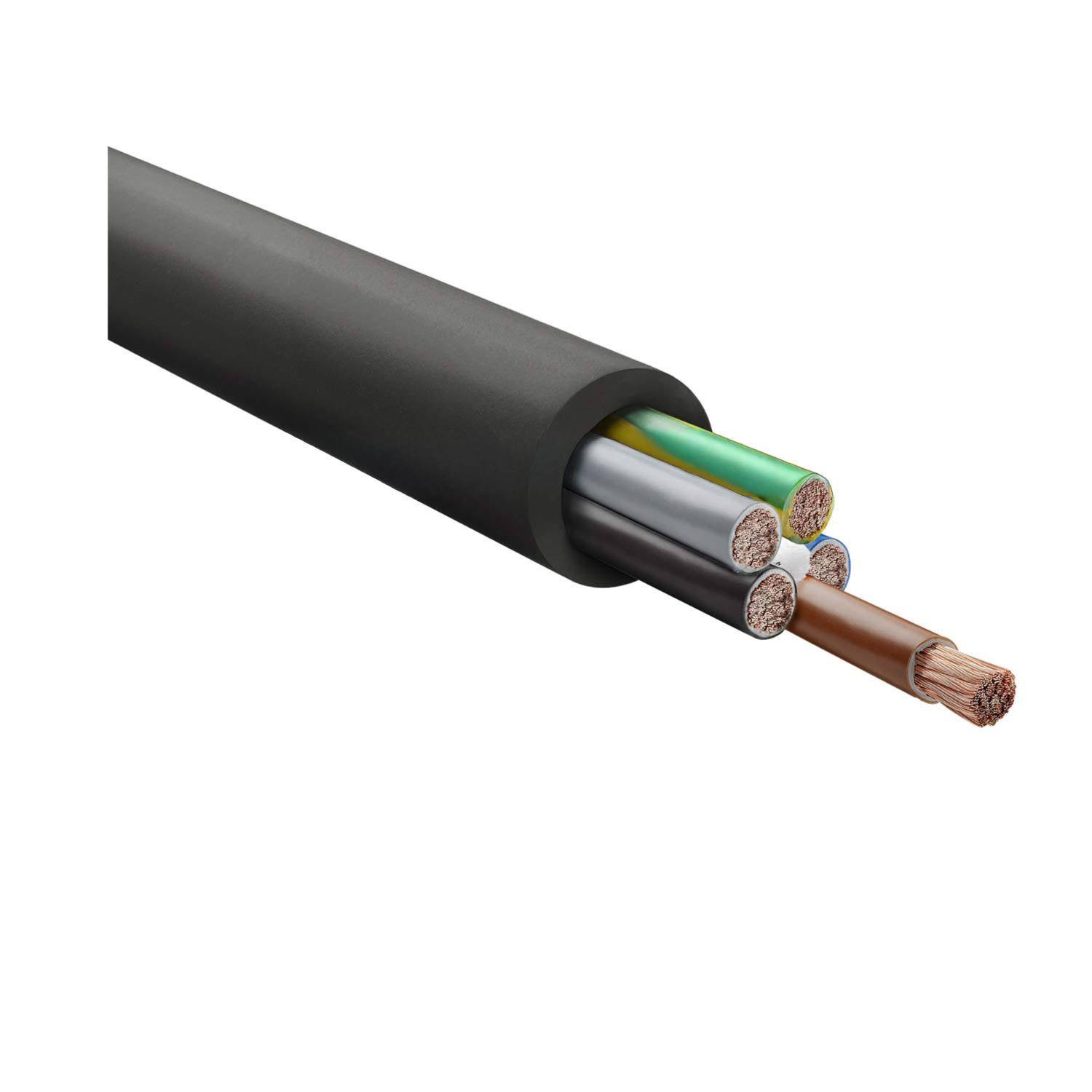 Ein schwarzes elektrisches Kabel, teilweise aufgeschnitten, um fünf farbige Drähte im Inneren zu enthüllen: grün, gelb, schwarz, weiß und Kupfer.