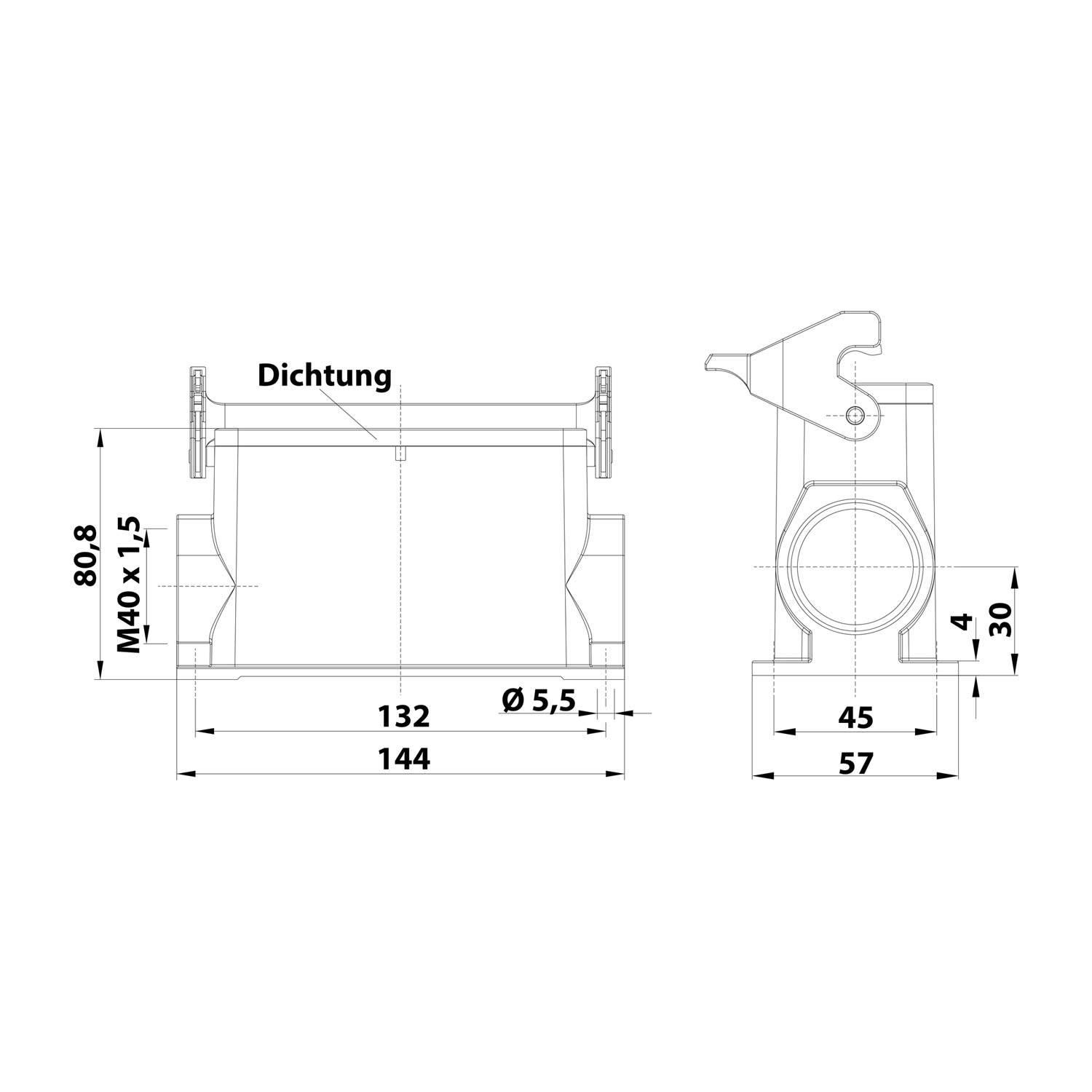 Technische Zeichnung mit Abmessungen und Dichtungsdetails eines zylindrischen Bauteils. Vorder- und Seitenansicht mit Maßangaben in Millimetern.