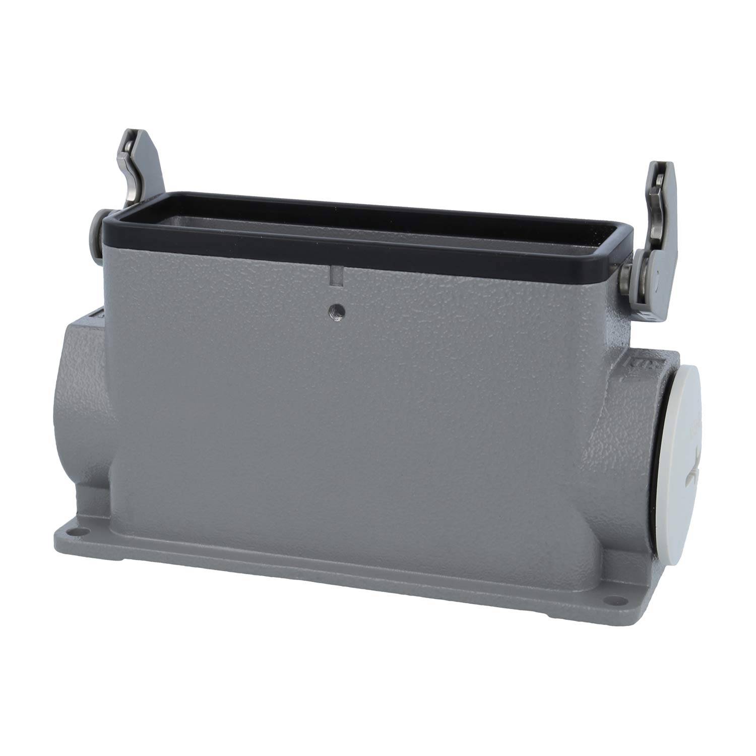 Ein grauer rechteckiger Verbindungsgehäuse mit Verriegelungsclips an den Seiten, der für elektrische Verbindungen verwendet wird.