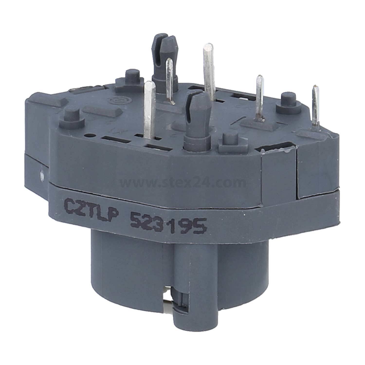 Eine graue, kreisförmige elektrische Schaltungskomponente mit mehreren Metallstiften und der Markierung 'C2TLP 523195' an der Seite.