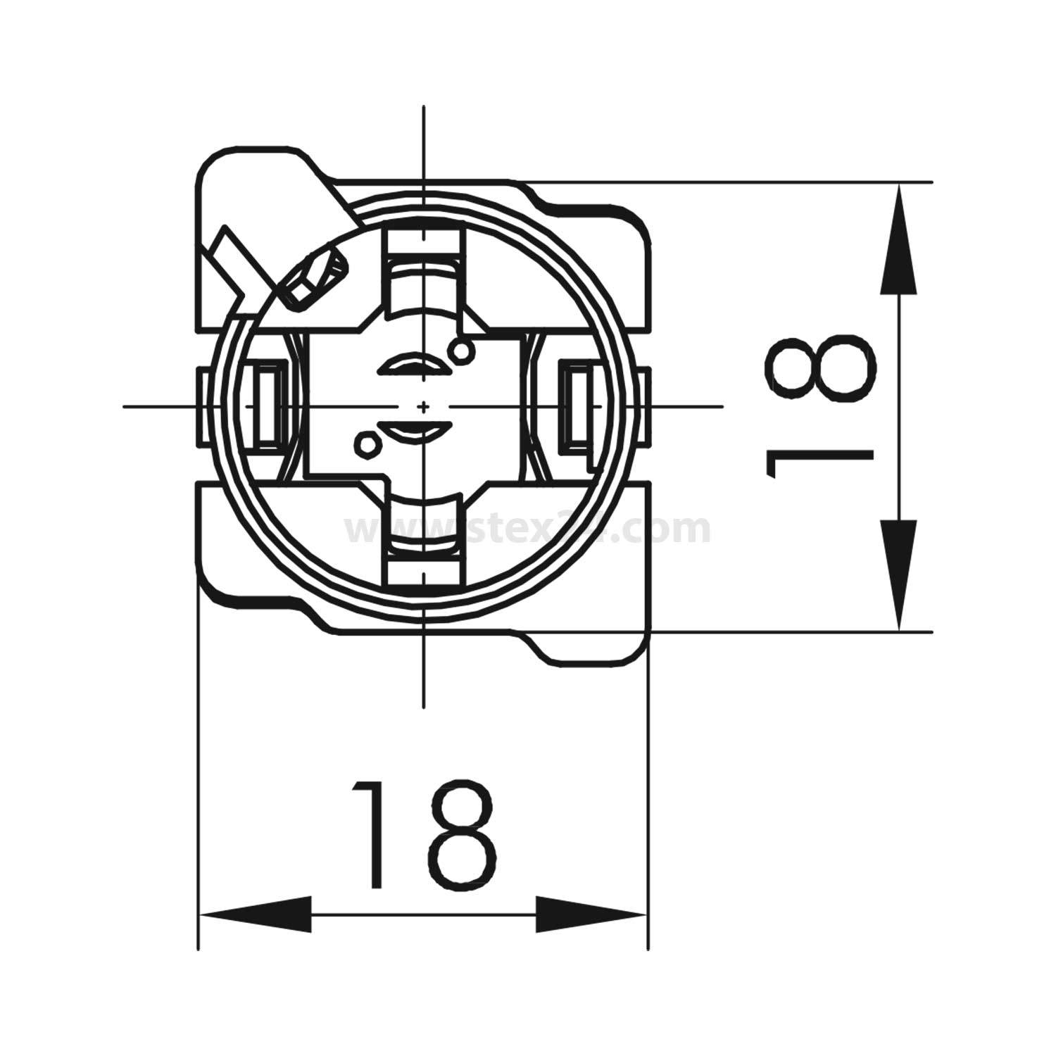 Technische Zeichnung eines Nockenschlosses mit einer auf 18 mm markierten Messung. Umfasst Komponenten wie einen Verriegelungsmechanismus und Schrauben.
