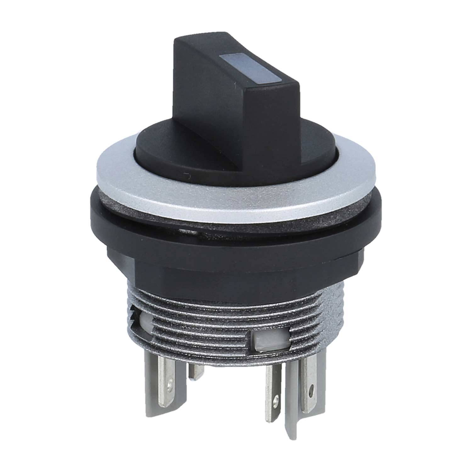 Ein schwarzer Drehschalter mit silberner Einfassung, der vier Metallkontakte an der Basis für elektrische oder elektronische Geräte aufweist.