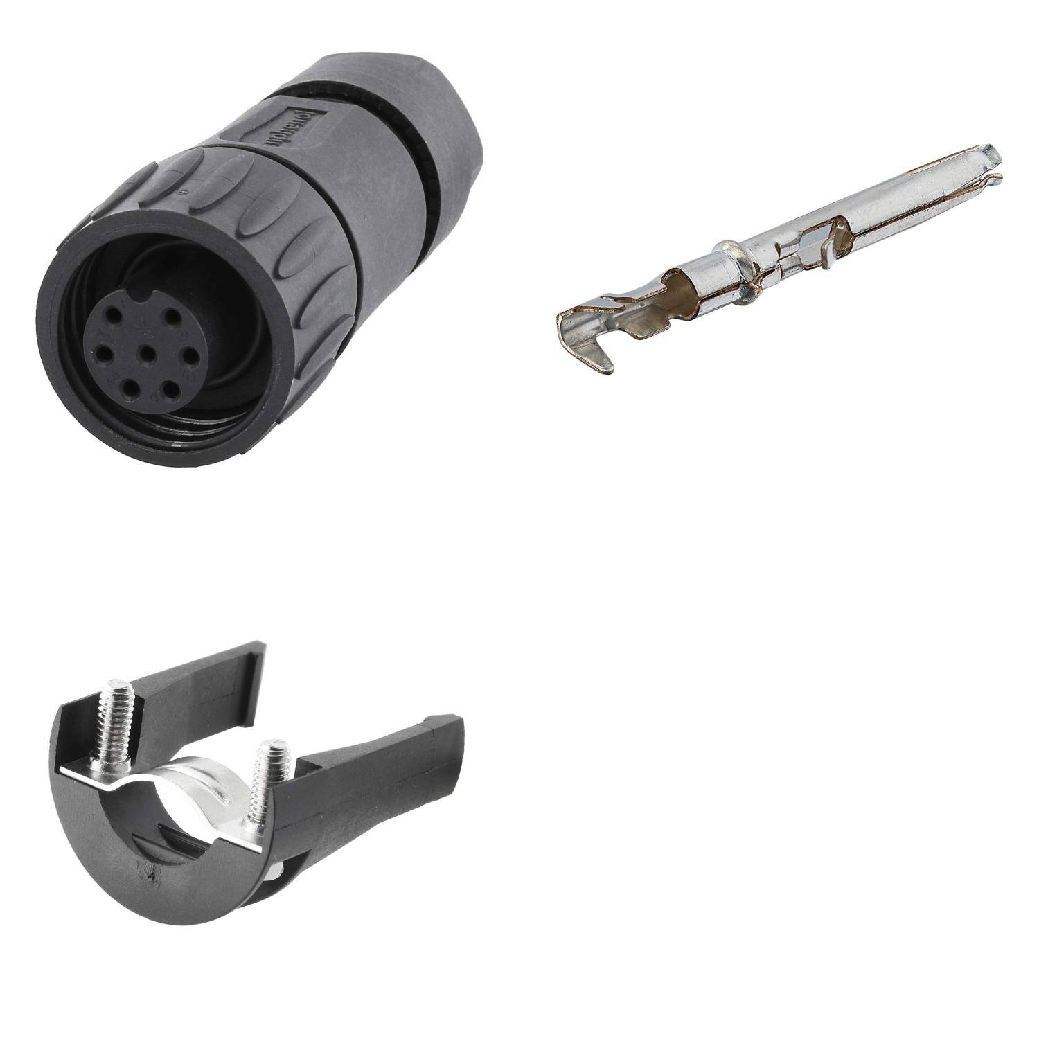 Bild eines elektrischen Anschlusssets, bestehend aus einem kreisförmigen Stecker, einem metallischen Stift und einer schwarzen Kunststoffklemme, die für Kabelverbindungen verwendet wird.