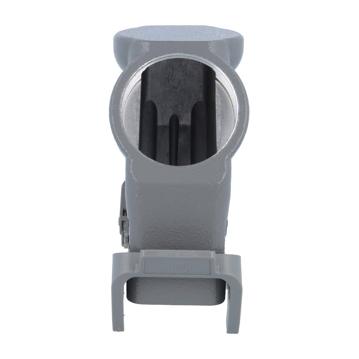 Eine graue Metallrohrhalterung mit einer kreisförmigen Öffnung, von vorne betrachtet.