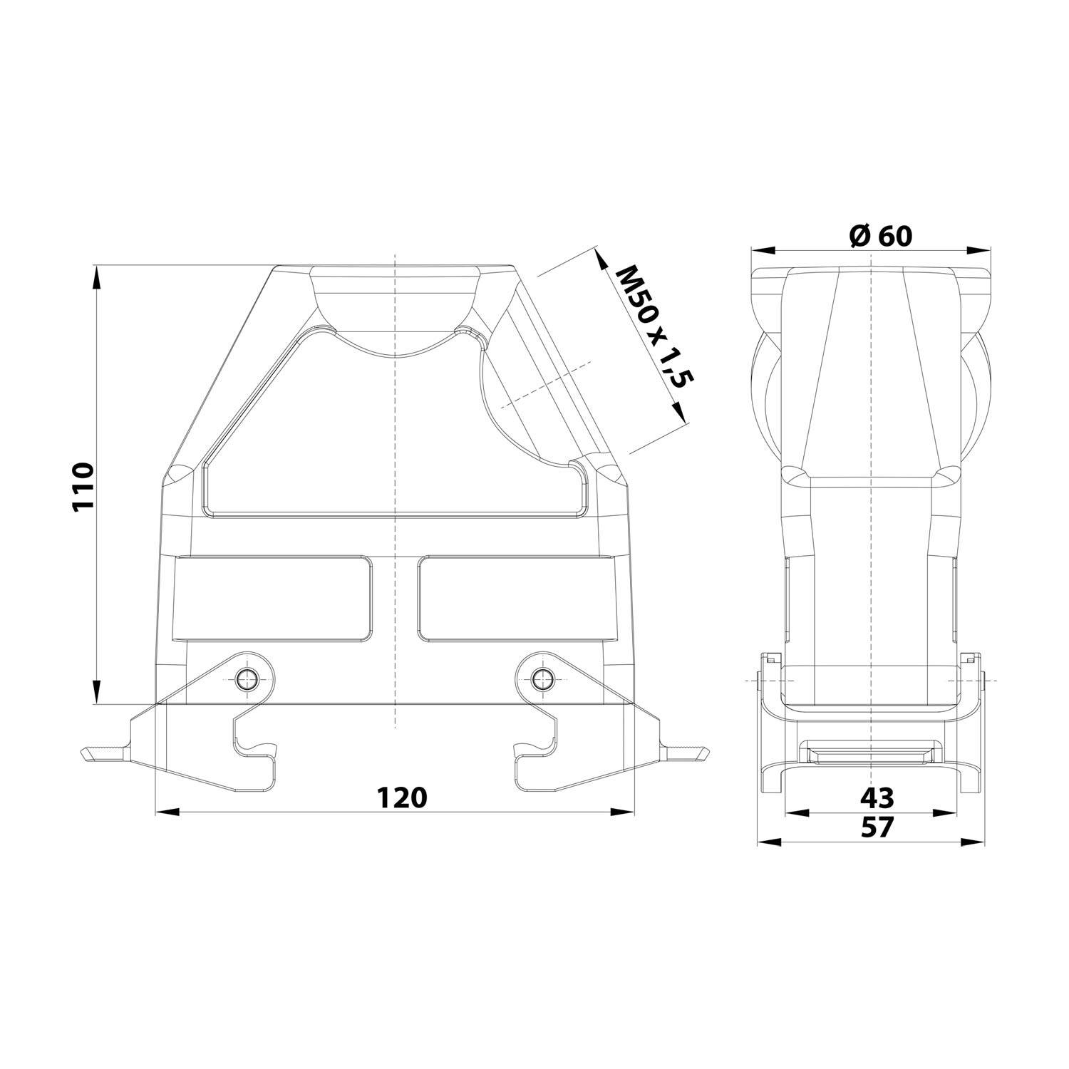 Technische Zeichnung eines Anschlusses. Frontansicht zeigt Abmessungen: Breite 120 mm, Höhe 110 mm. Seitenansicht zeigt 60 mm Durchmesser. M5D x 1,5 beschriftet.