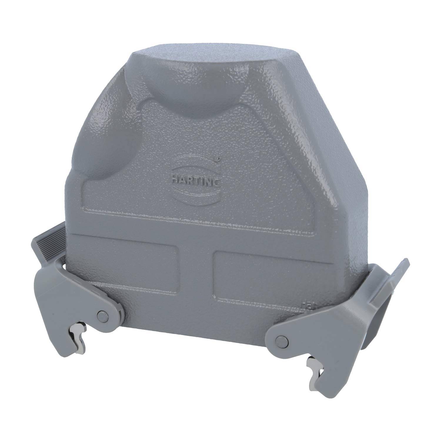 Eine graue, abgewinkelte industrielle Anschlusshaube mit zwei Klemmhebeln an beiden Seiten, die zur Sicherung elektrischer Verbindungen verwendet wird.