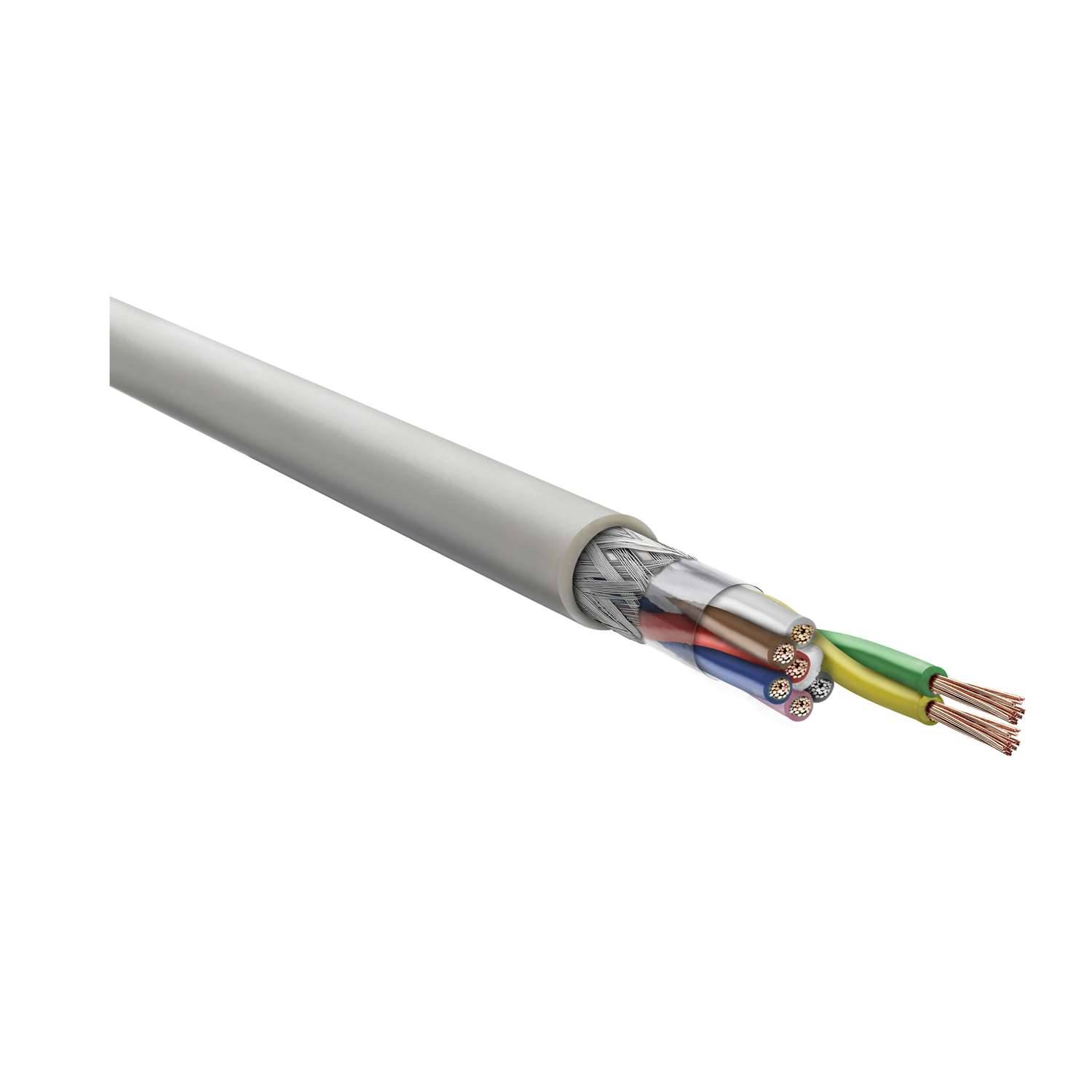 Ein mehradriges Elektrokabel, teilweise abisoliert, um farbig gekennzeichnete innere Drähte freizulegen, isoliert auf weißem Hintergrund.