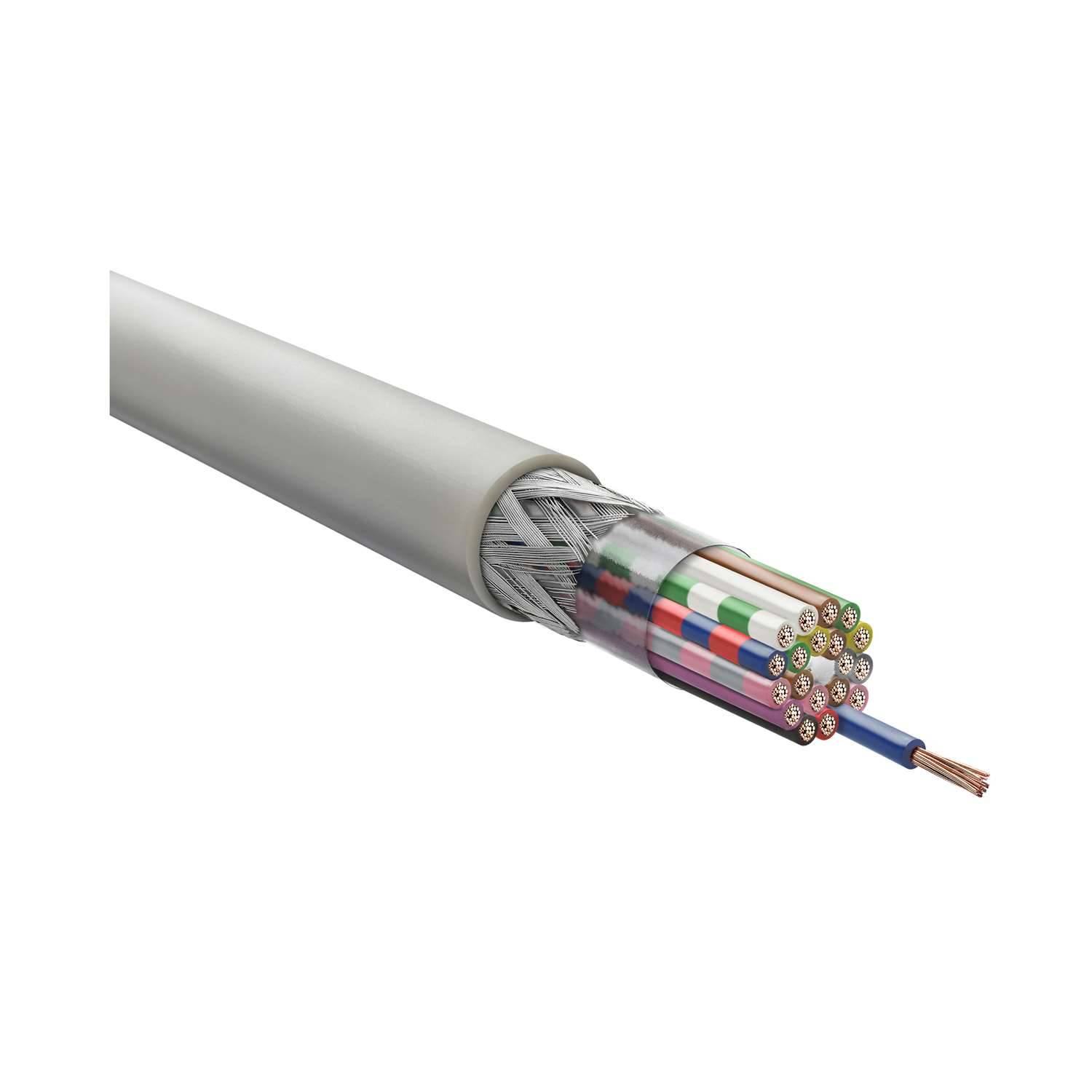 Querschnitt eines mehrfarbigen, mehradrigen Kabels mit verschiedenen isolierten Drähten, die zusammengefasst sind und Konstruktionsdetails hervorheben.