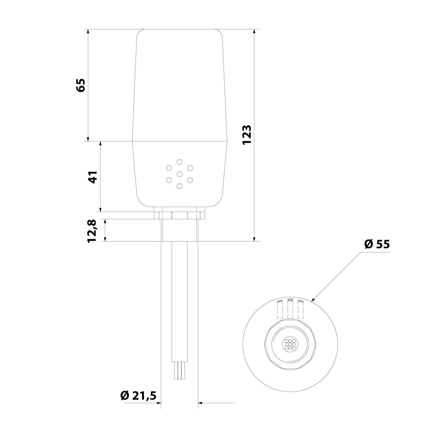 Technische Zeichnung einer zylindrischen Vorrichtung mit markierten Abmessungen: Höhe 123 mm, Breite 65 mm, Tiefe 41 mm sowie Basisdurchmesser 21,5 mm und 55 mm.