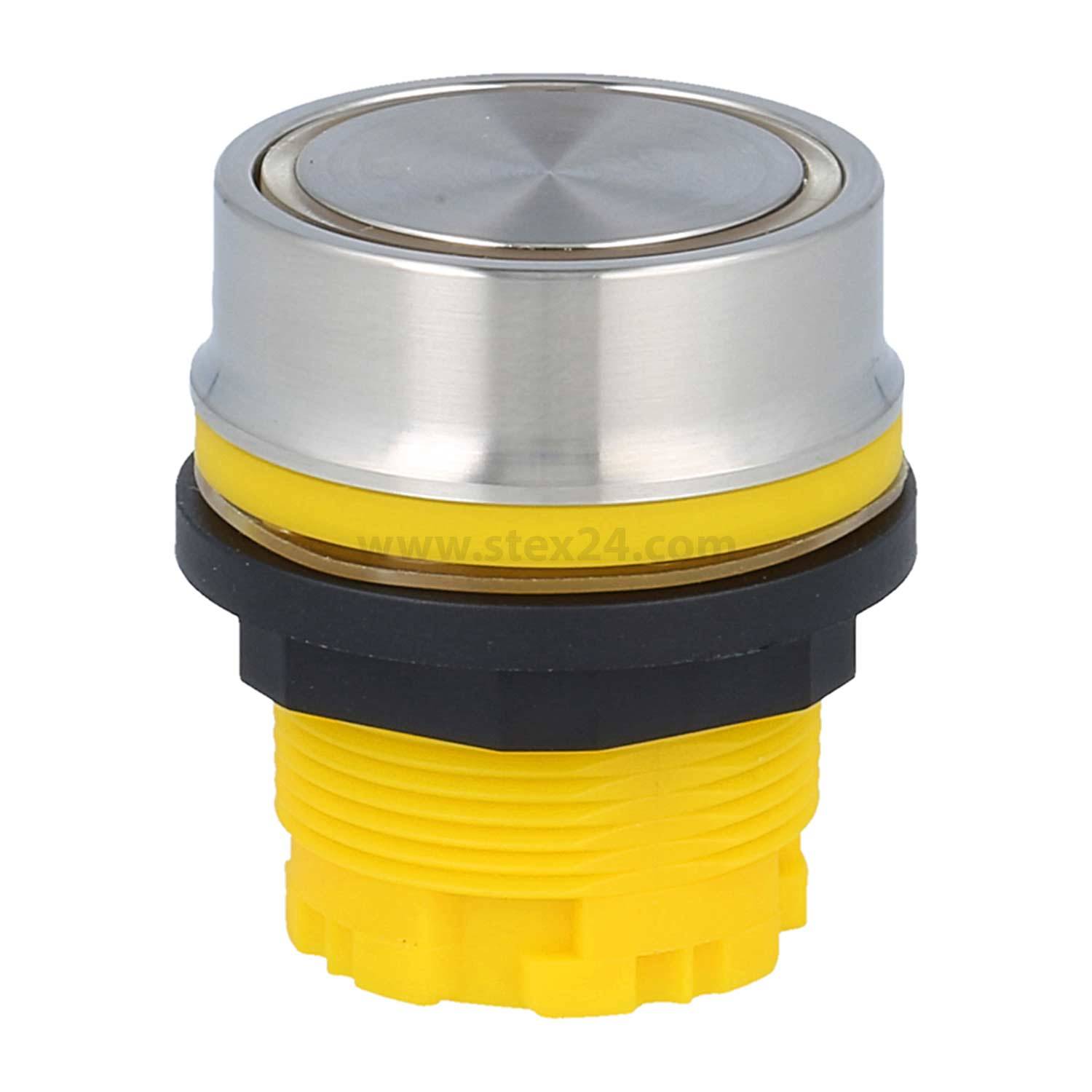 Ein Metalldrucktastenschalter mit gelber Basis und schwarzem Ring; geeignet für industrielle oder maschinelle Steuerungstafeln.