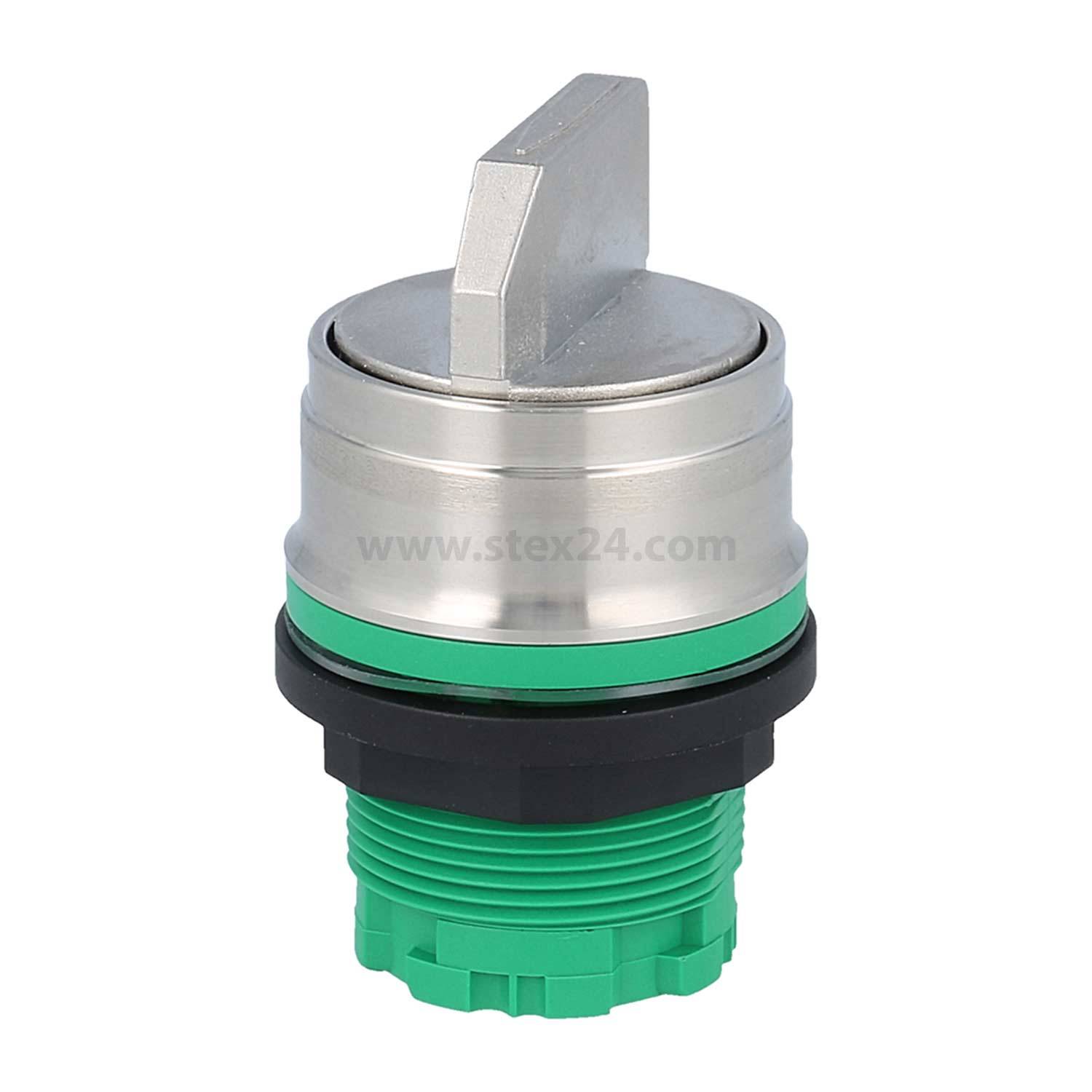 Ein Kippschalter aus Metall und grünem Kunststoff mit einem Hebel oben drauf.