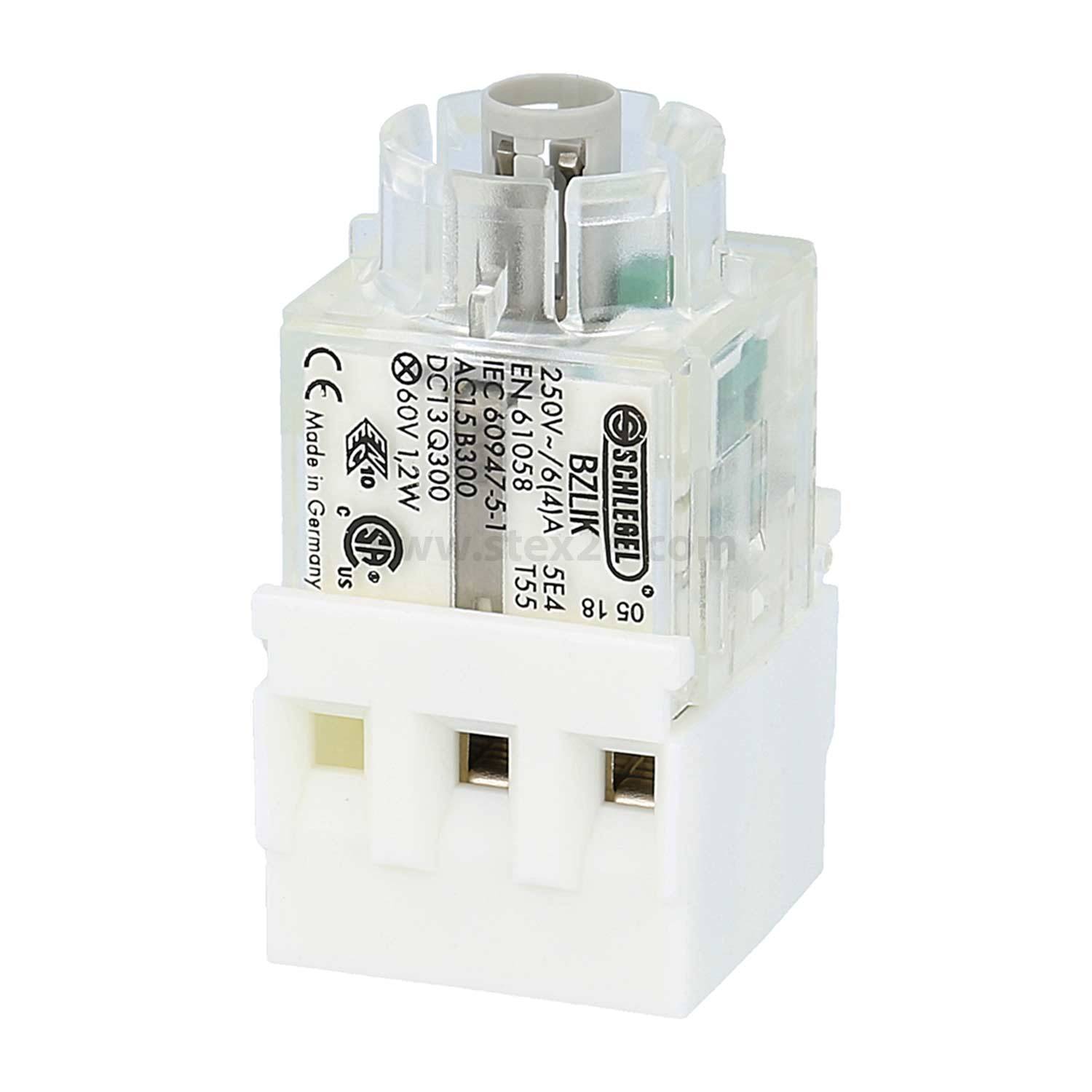 Eine transparente elektrische Komponente, Schmel, mit einer Nennspannung von 250V~, mit verschiedenen Spezifikationen, die darauf gedruckt sind. Enthält eine weiße Basis mit drei Anschlüssen.