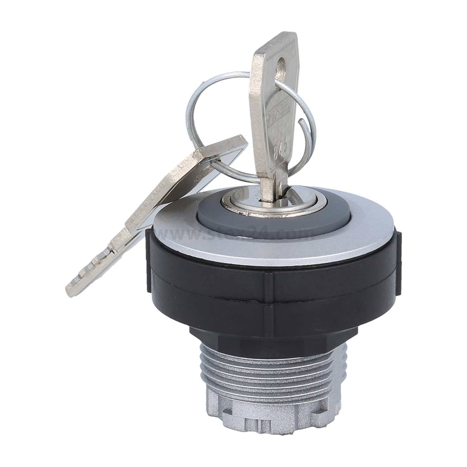 Ein Metallschlüssel, der in einen runden Schließzylinder eingeführt wird, mit einem zweiten Schlüssel, der daran befestigt ist. Die Basis des Schlosses ist gewindegeformt und deutet auf eine Installationsfunktionalität hin.