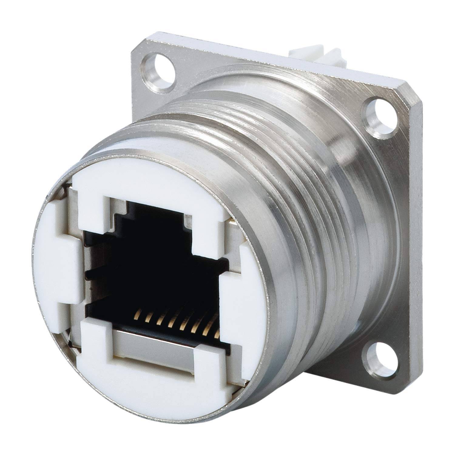 Ein Metall-RJ45-Ethernet-Stecker mit quadratischem Flanschhalter, geeignet für Paneelinstallationen.