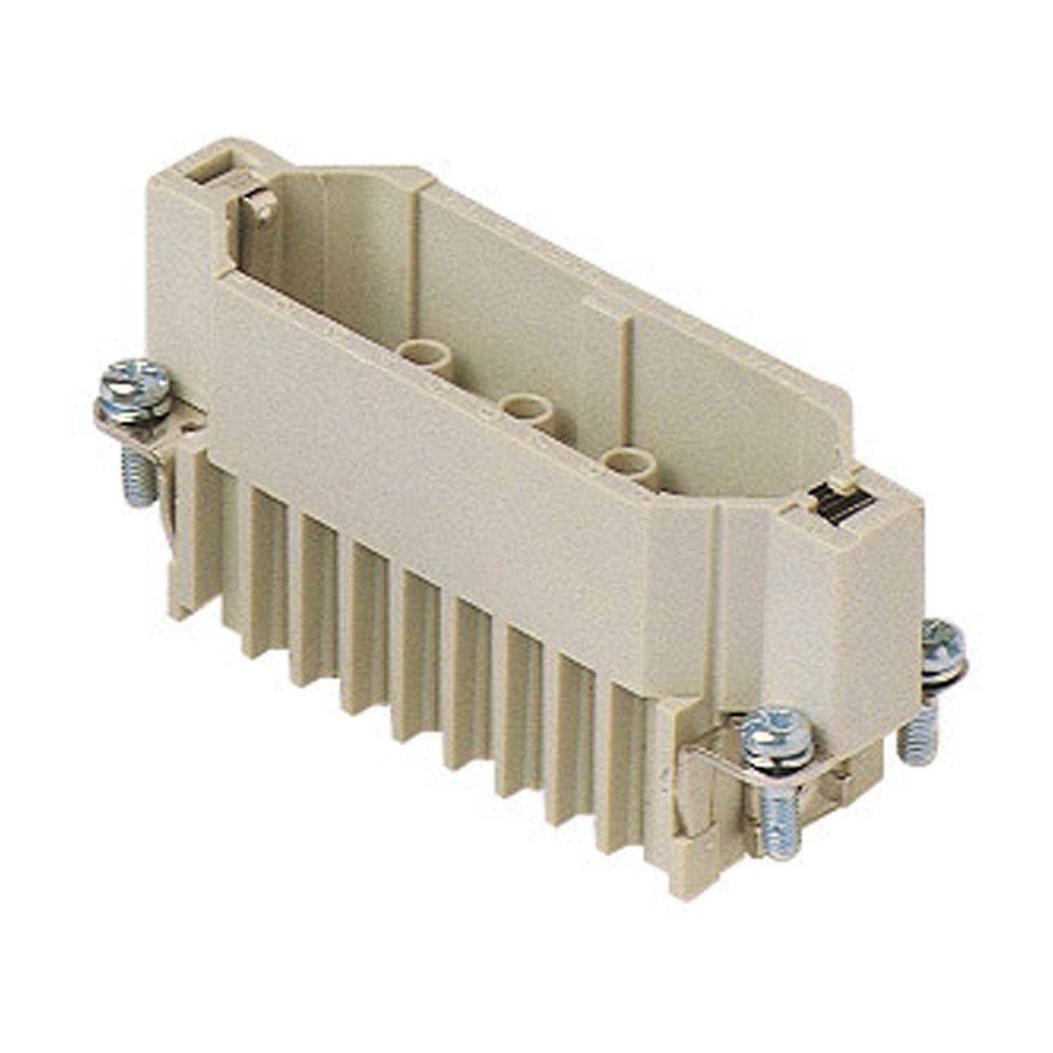 Ein industrieller beiger Verbinder mit Schrauben an jeder Seite, der eine rechteckige Form aufweist und für mechanische und elektrische Verbindungen konzipiert ist.