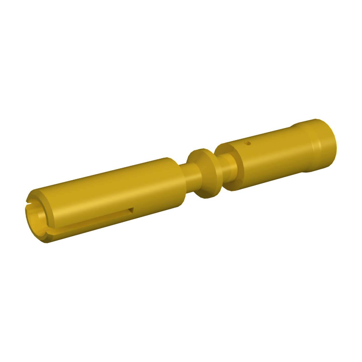 Eine 3D-Darstellung einer gelben, zylindrischen mechanischen Komponente mit geschlitztem Design, möglicherweise ein Verbinder oder eine Kupplung.